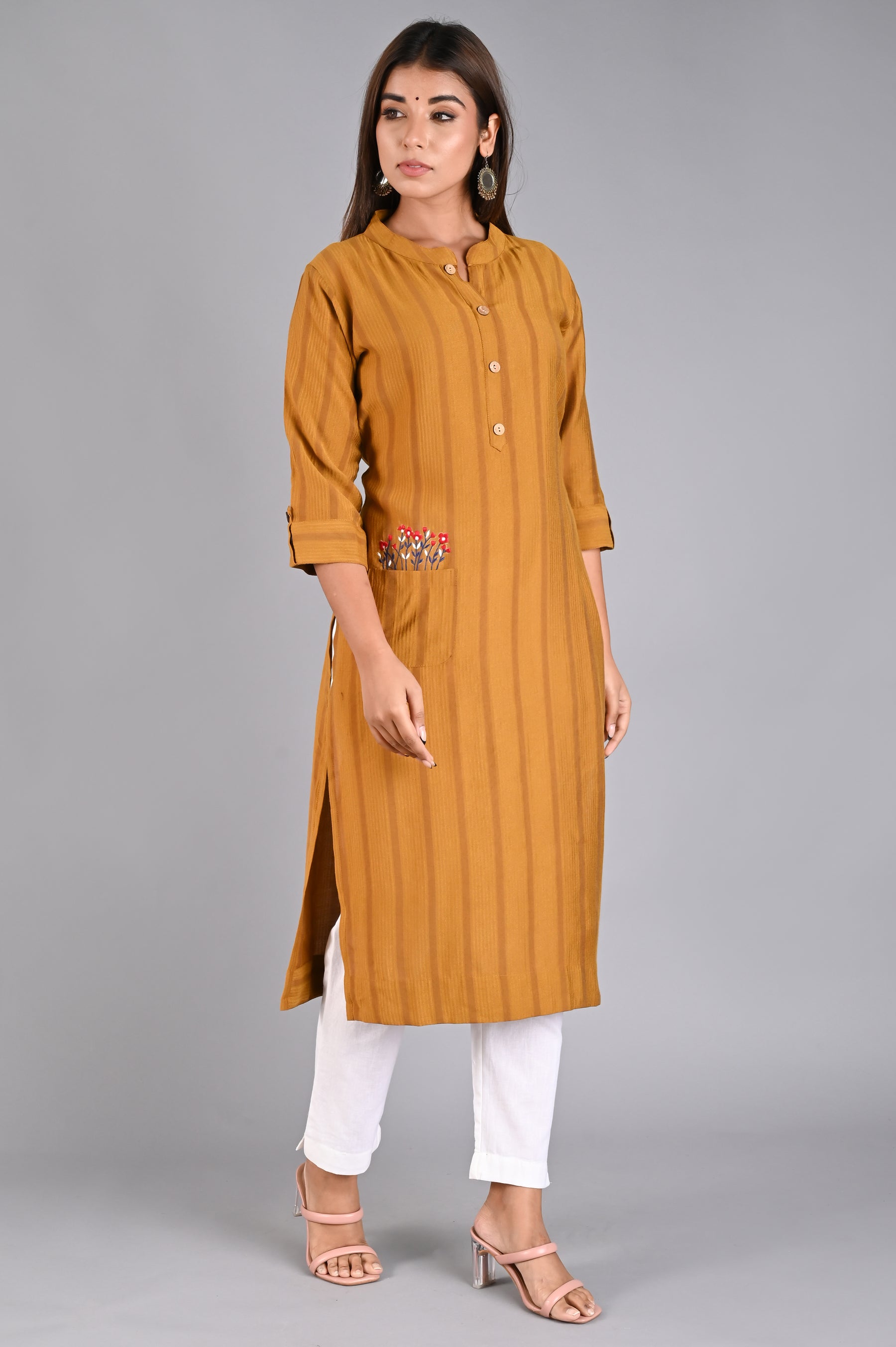 Mustard Straight Kurta with Embroidered Pocket