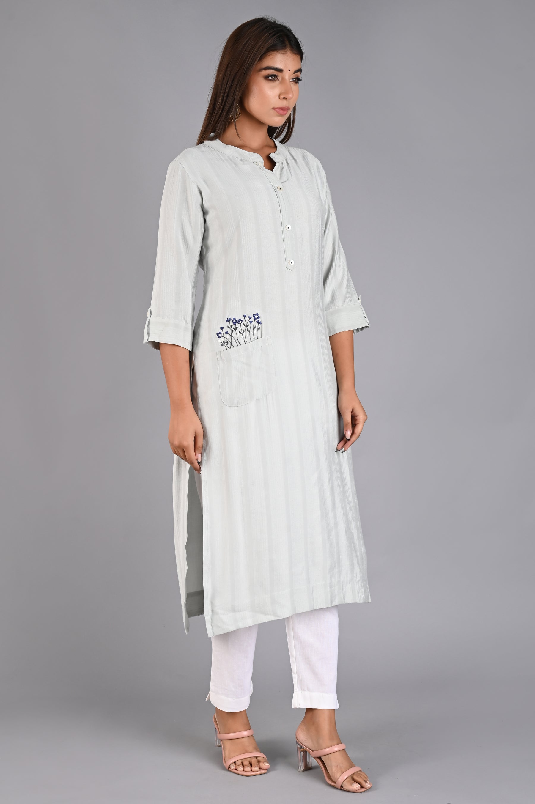 Grey Straight Kurta with Embroidered Pocket
