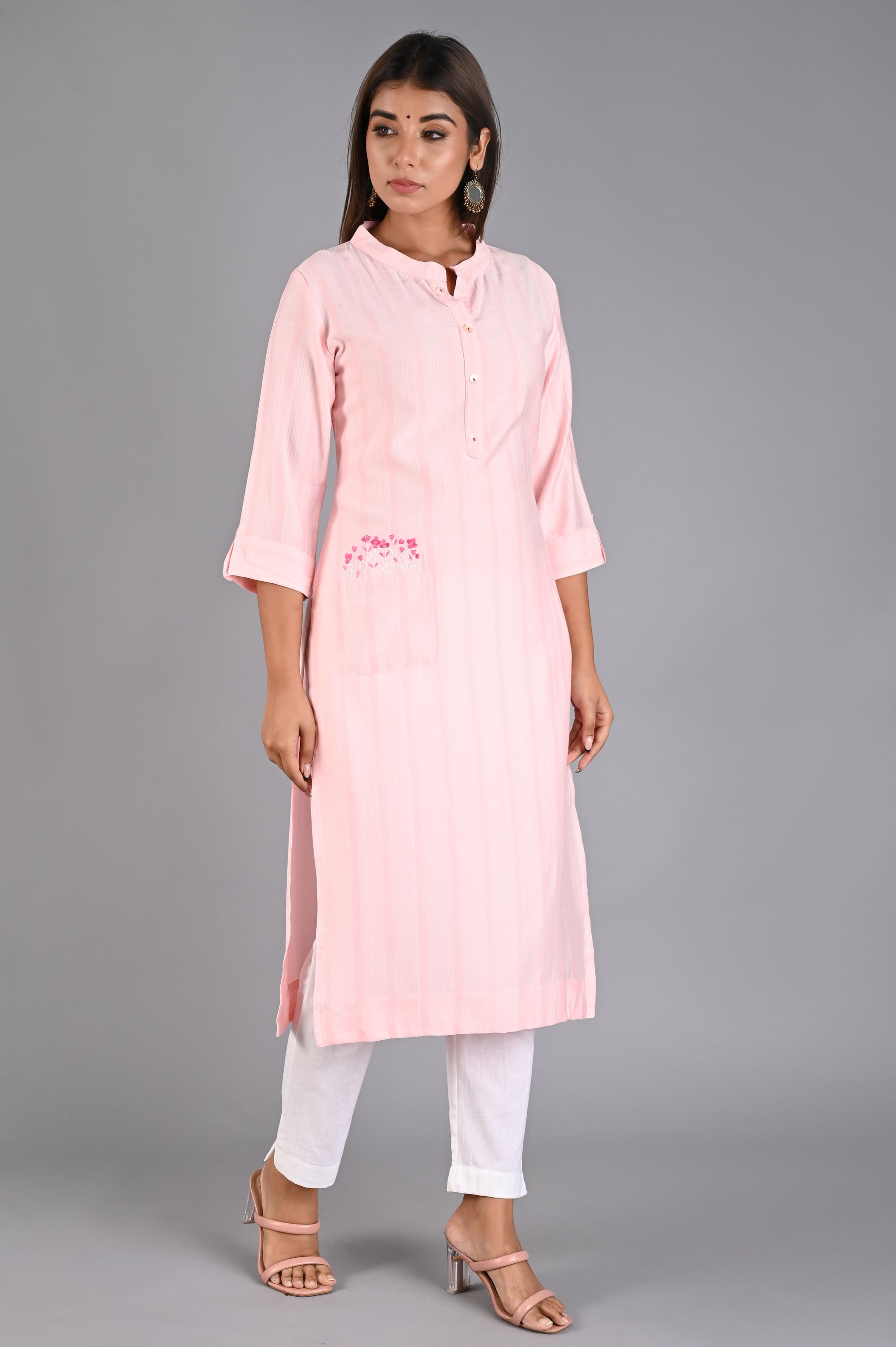 Pink Straight Kurta with Embroidered Pocket
