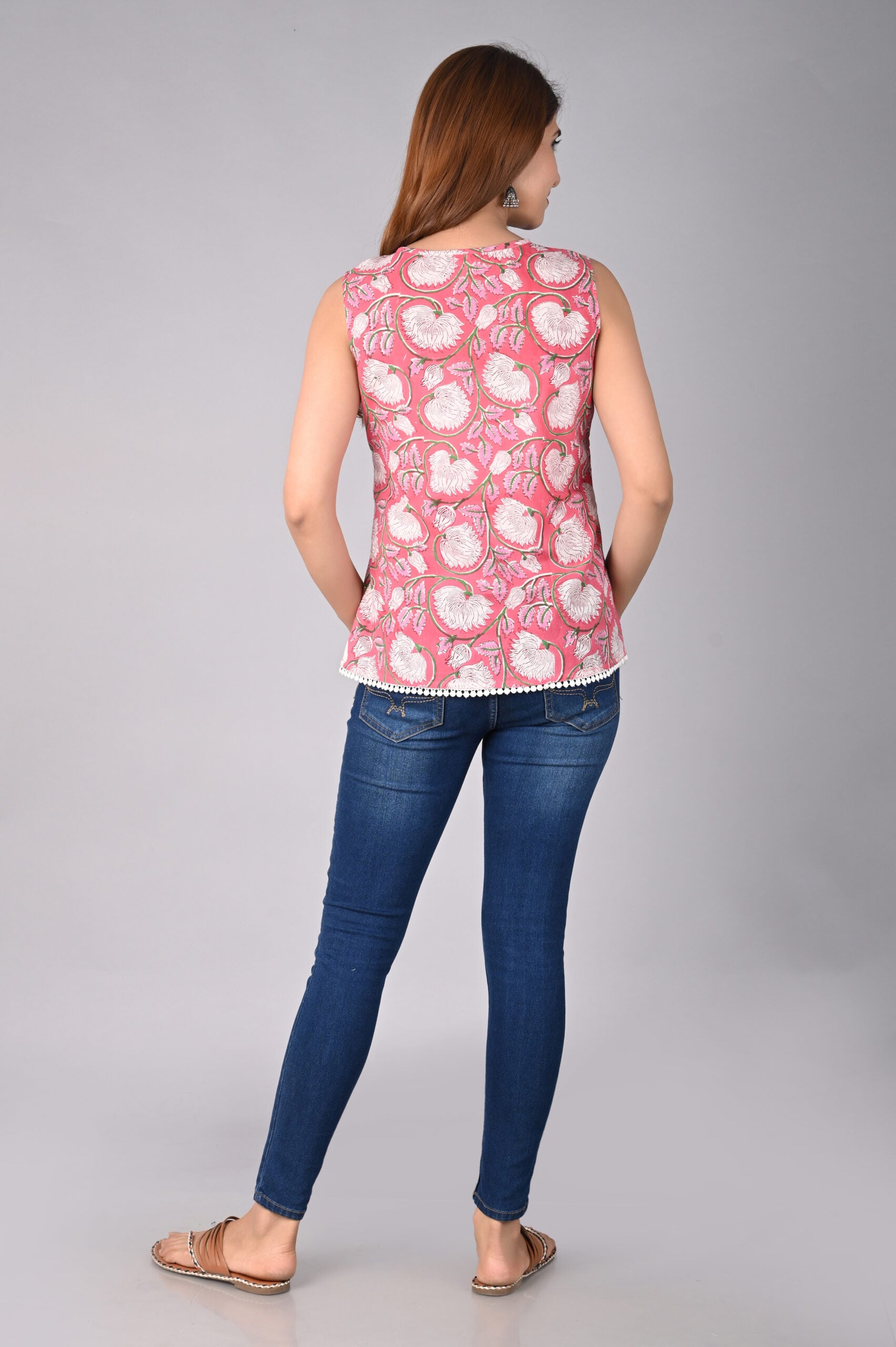 Block Printed Sleeveless Top With Lace Hem