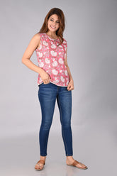 Block Printed Sleeveless Top With Lace Hem