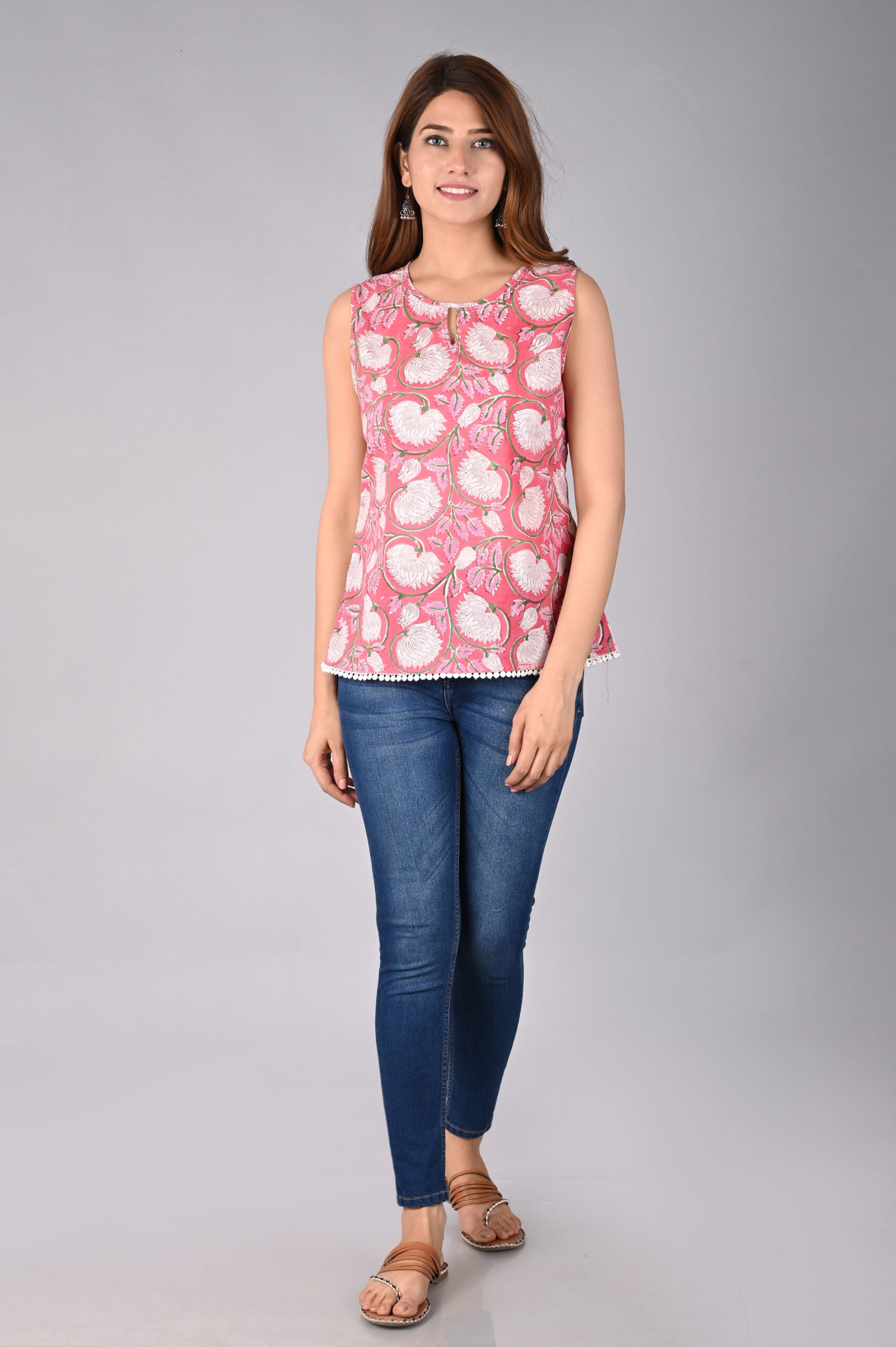 Block Printed Sleeveless Top With Lace Hem