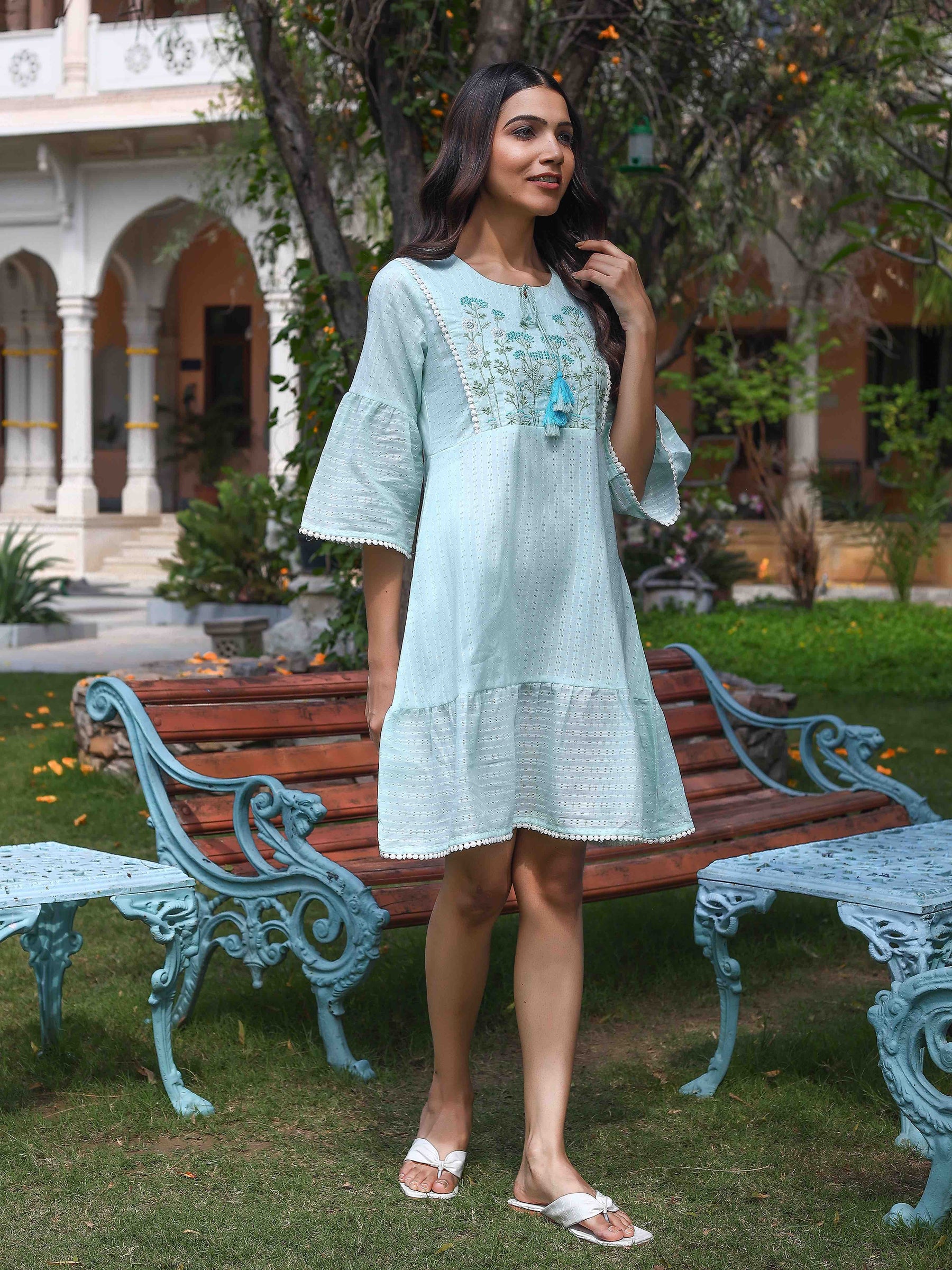 Blue Cotton Embroidered Dress