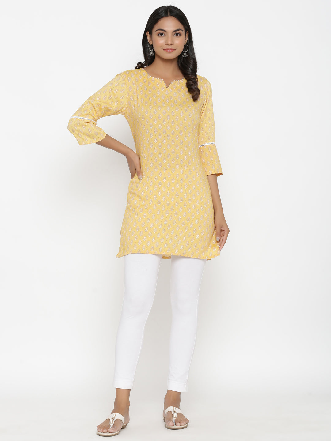 Yellow Printed Short Kurti
