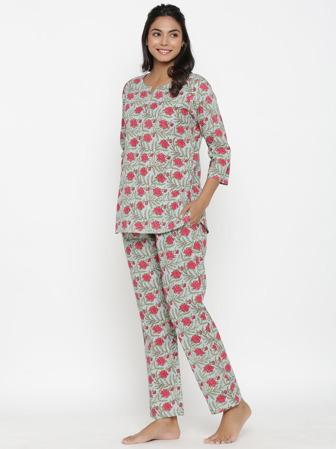 Floral Block Printed Cotton Nightsuit