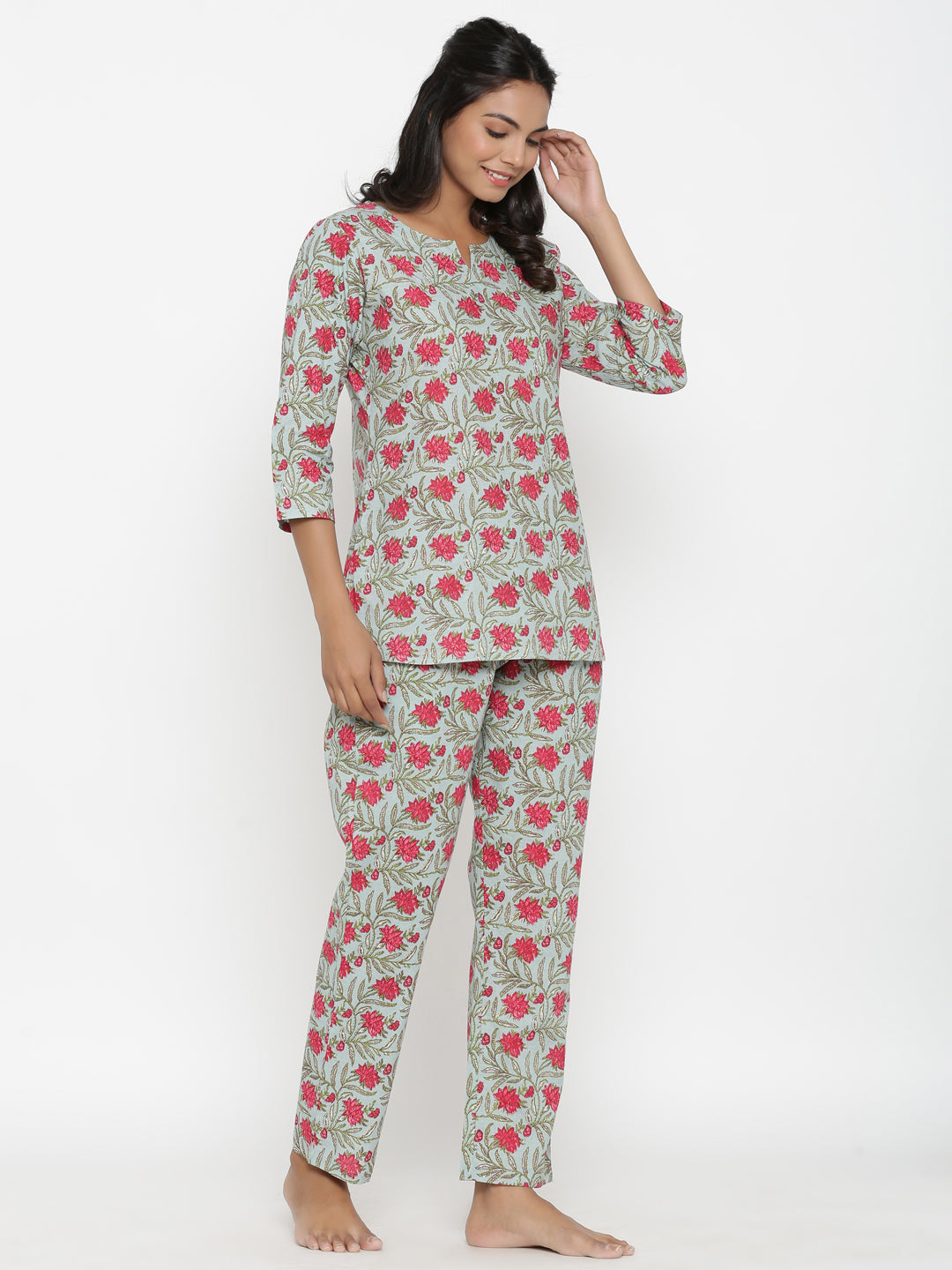 Floral Block Printed Cotton Nightsuit
