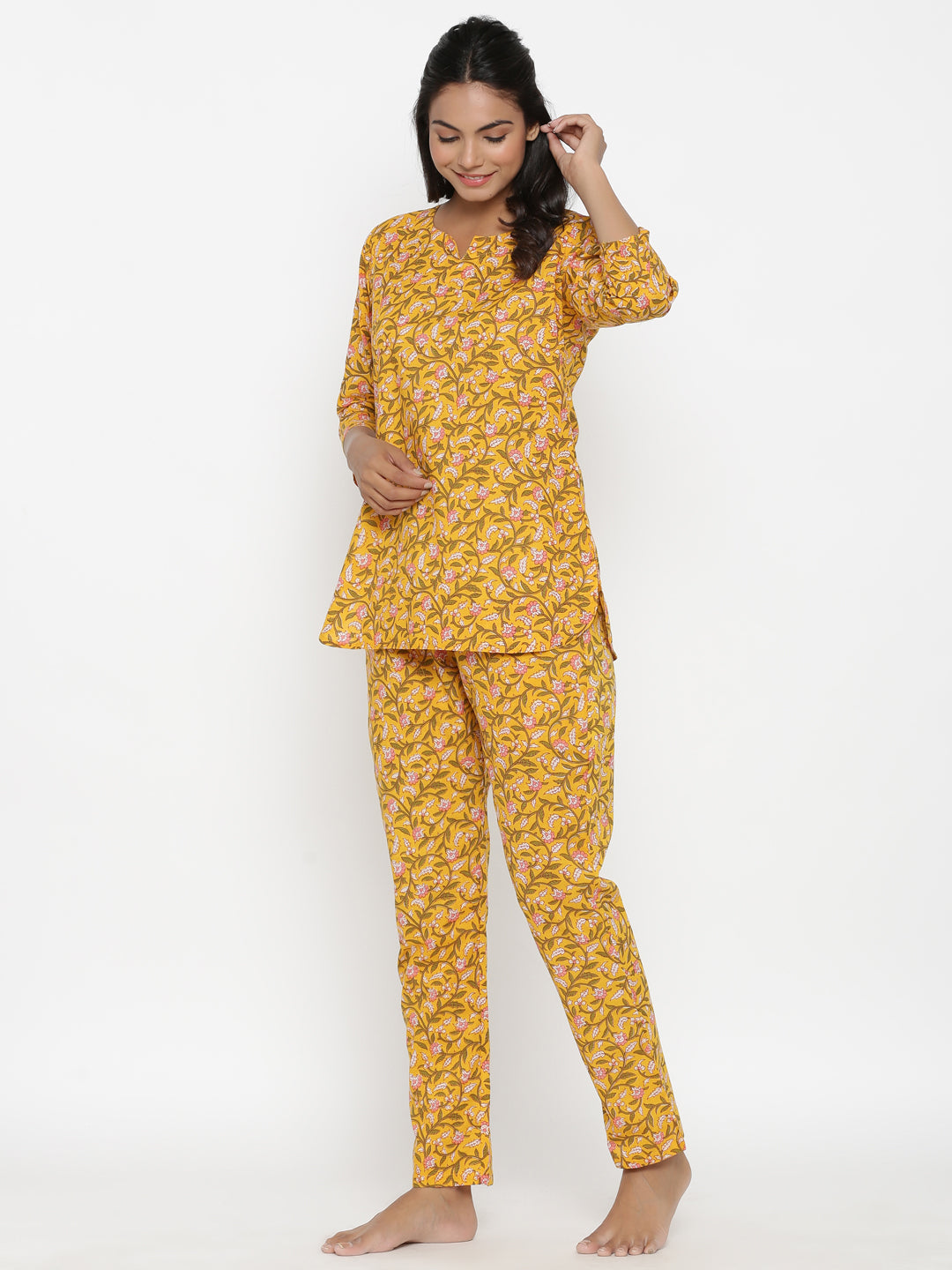 Yellow Block Printed Pyjama Set