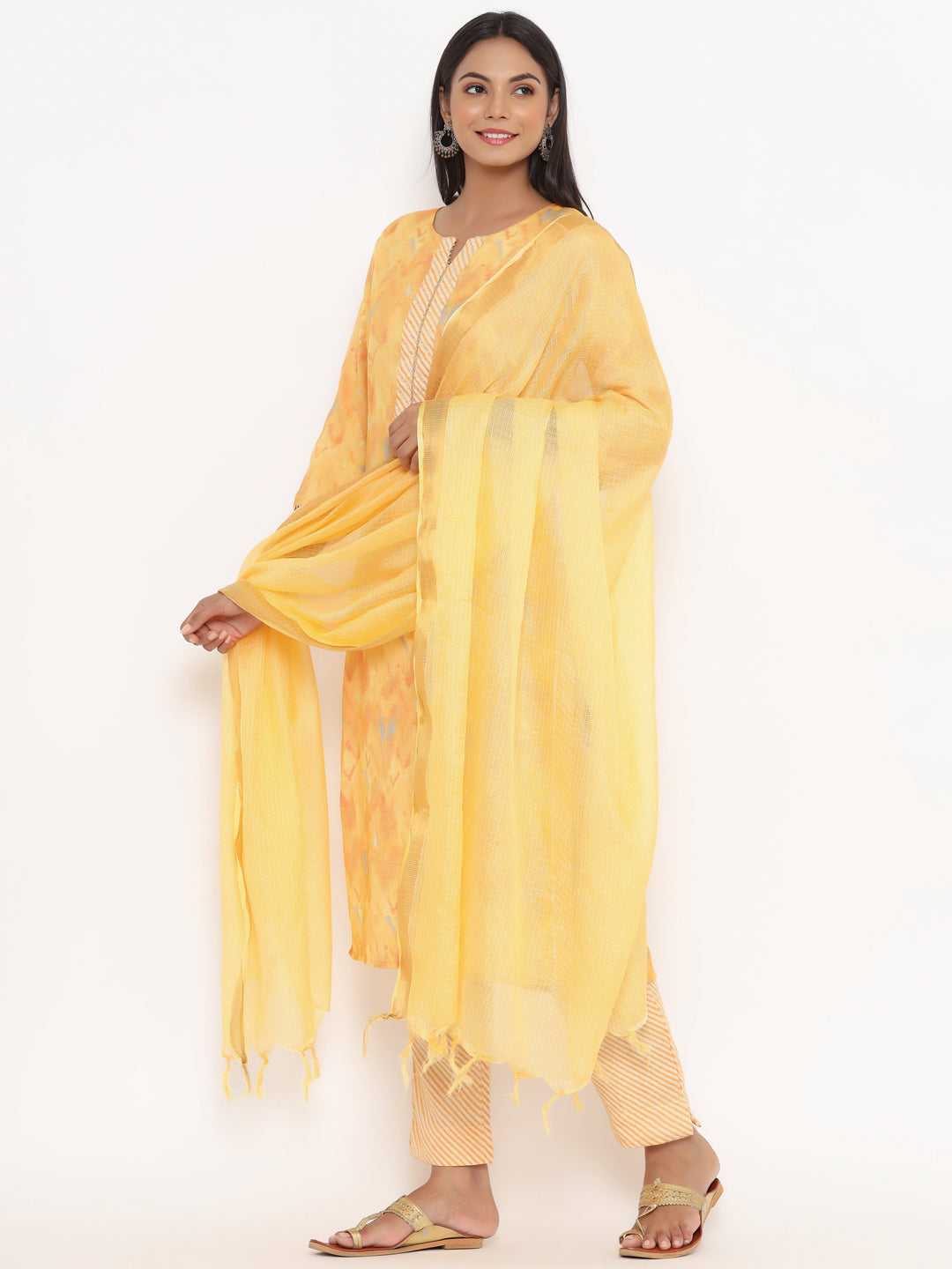 Yellow Suit Set With Striped Pants