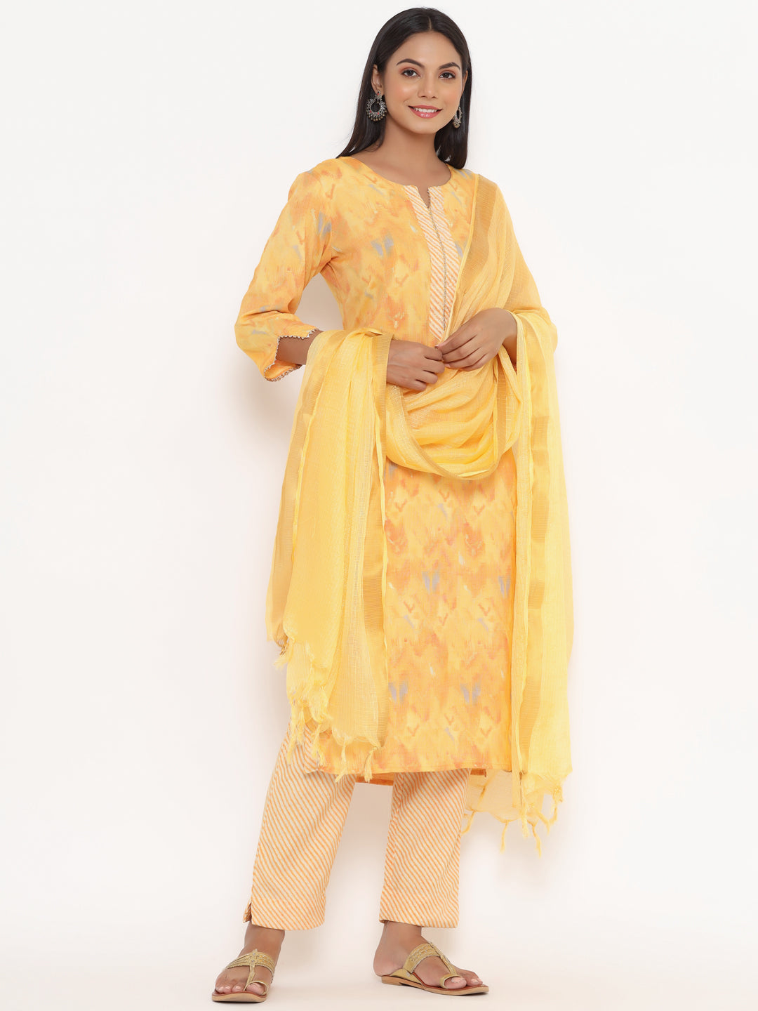 Yellow Suit Set With Striped Pants