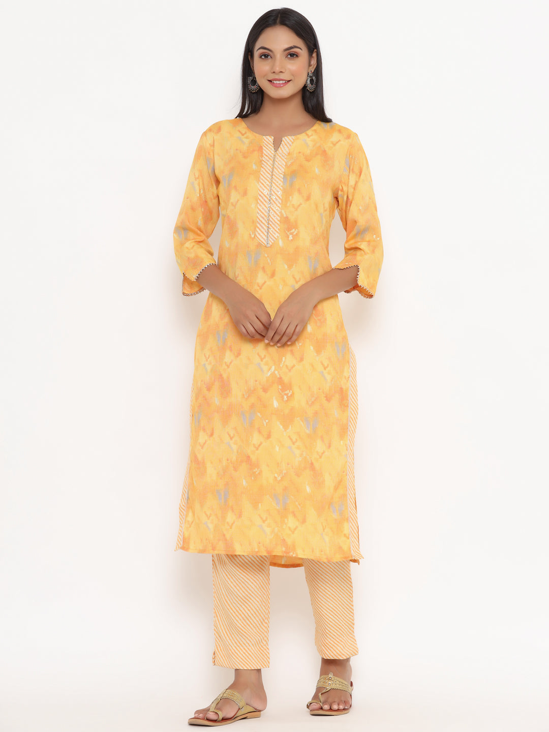 Yellow Suit Set With Striped Pants