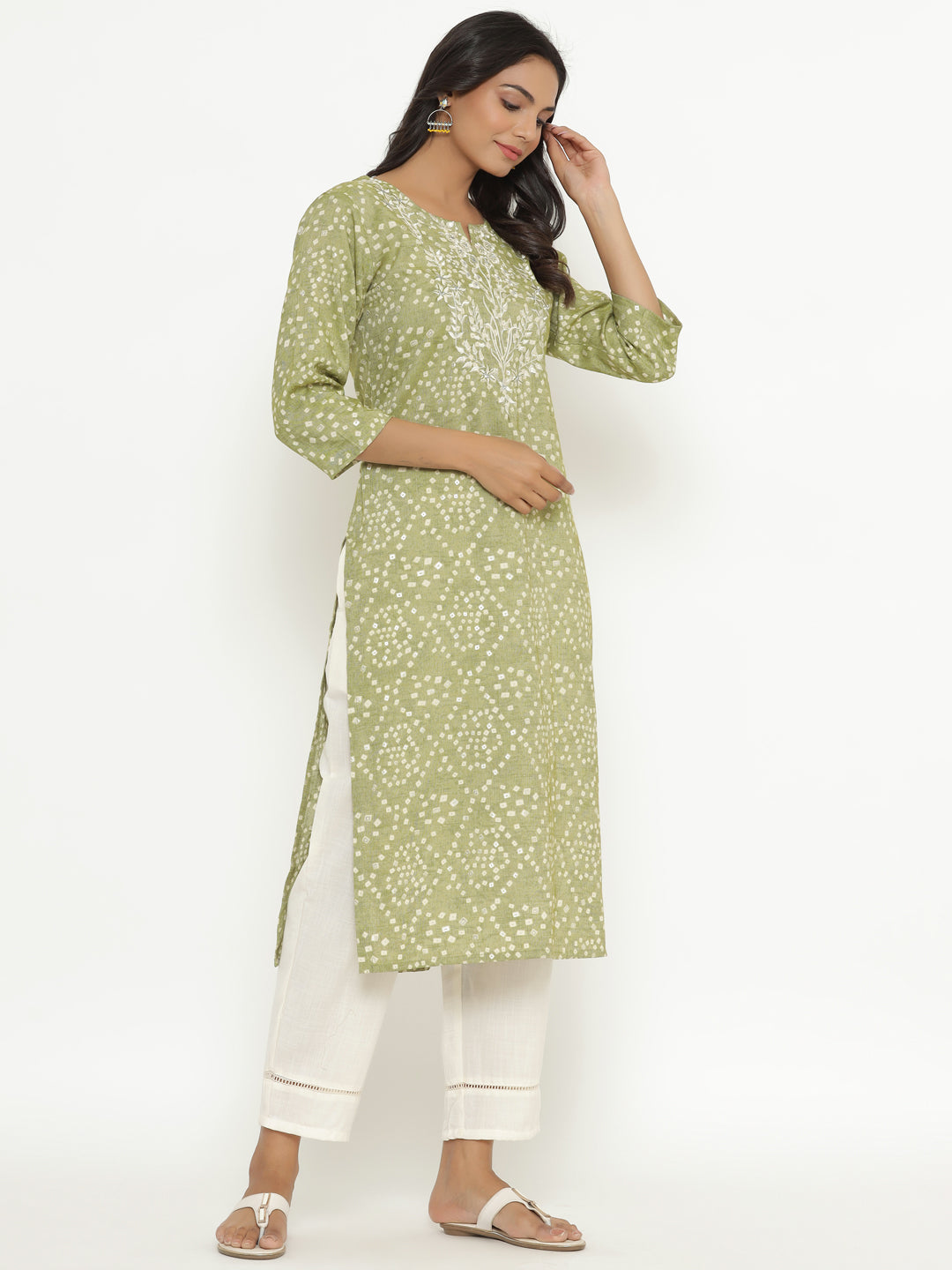 Bandhani Green Printed Embroidered Kurta Set