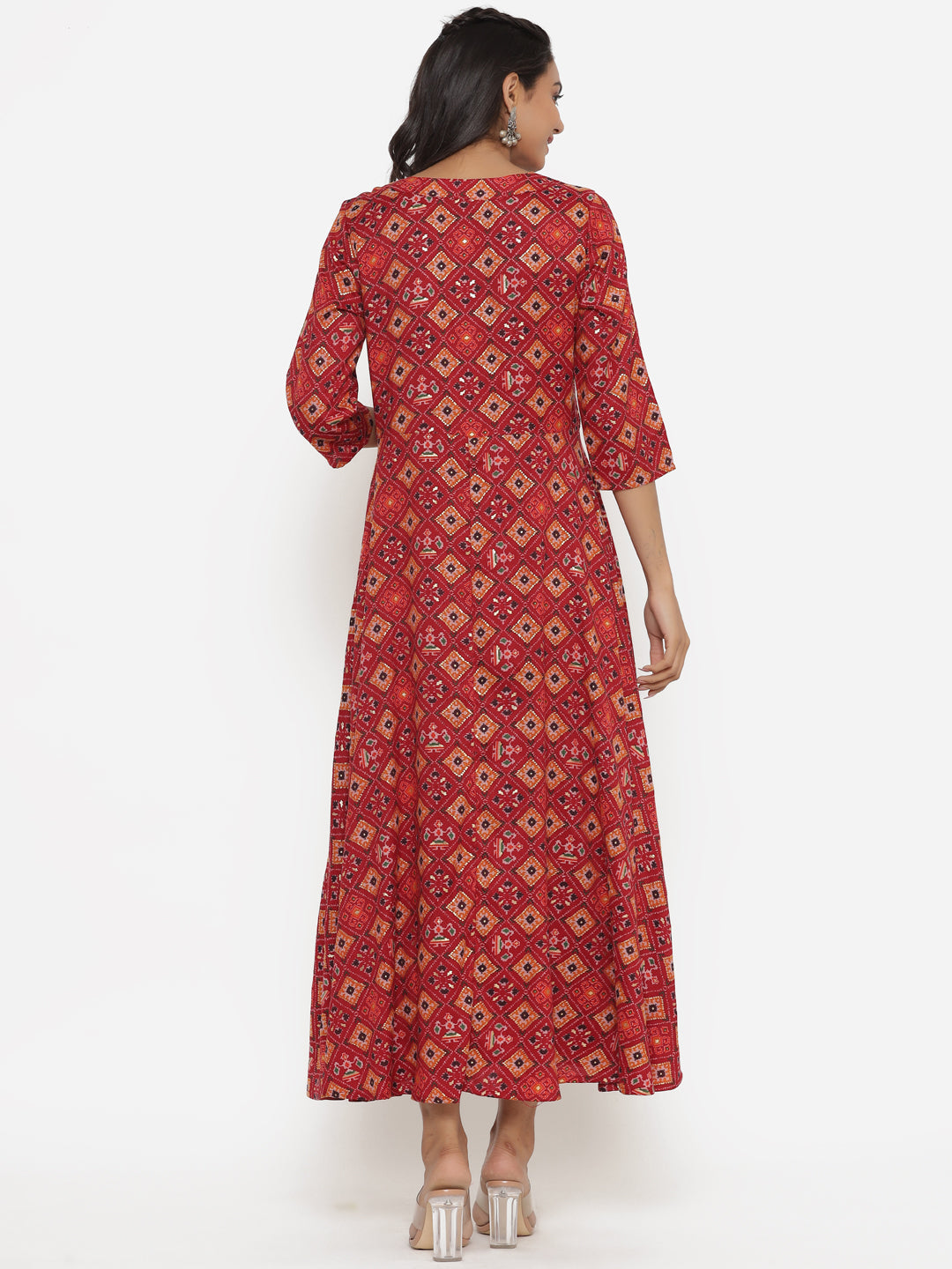 Red Flared printed rayon kurta