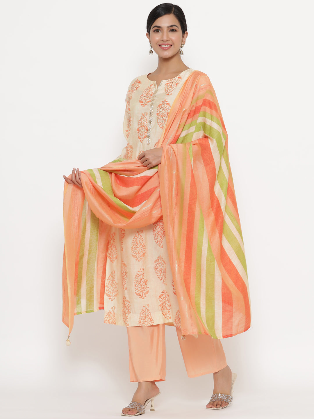 Orange Paisley Printed Muslin Kurta Set with Dupatta