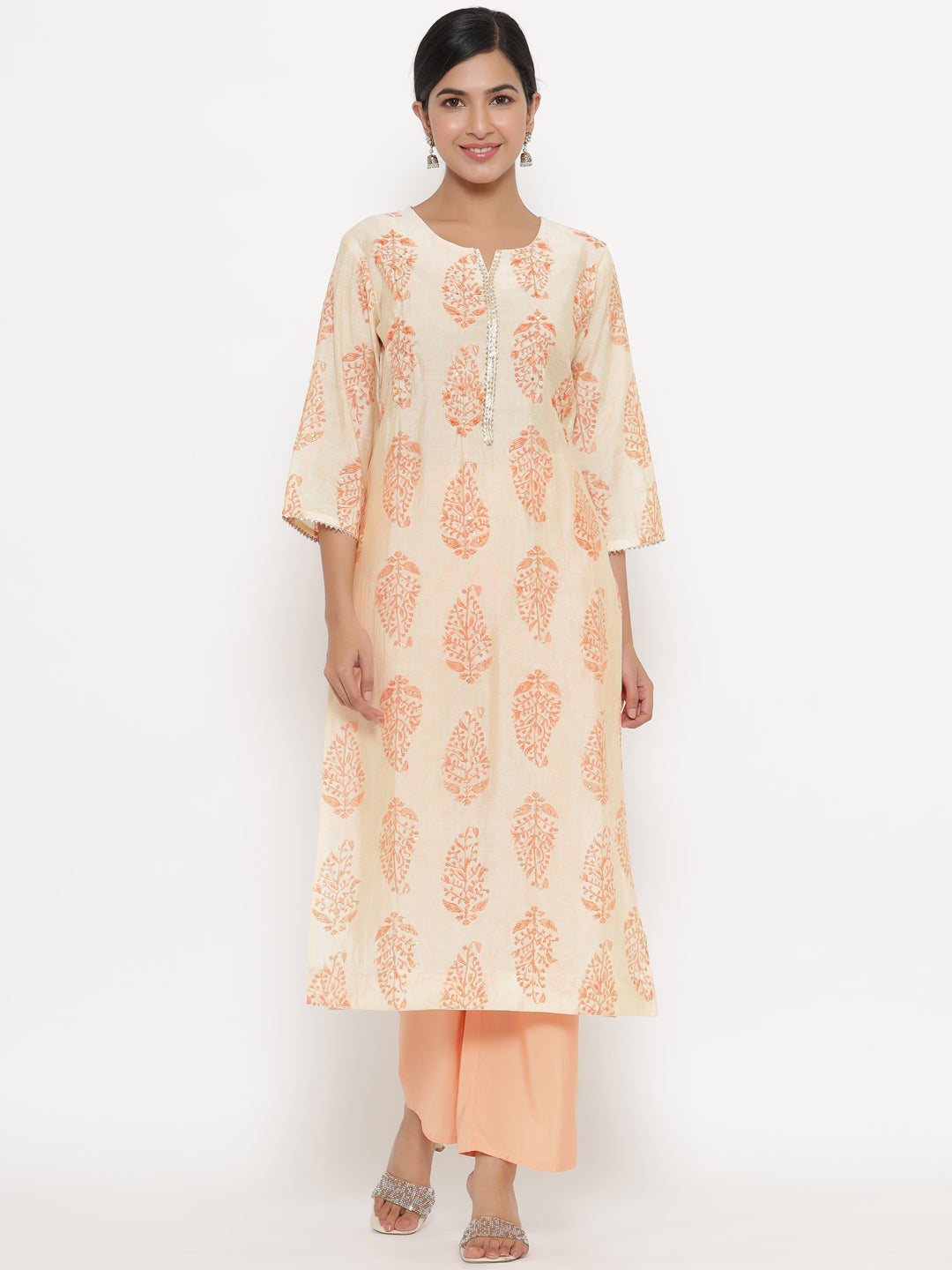 Orange Paisley Printed Muslin Kurta Set with Dupatta