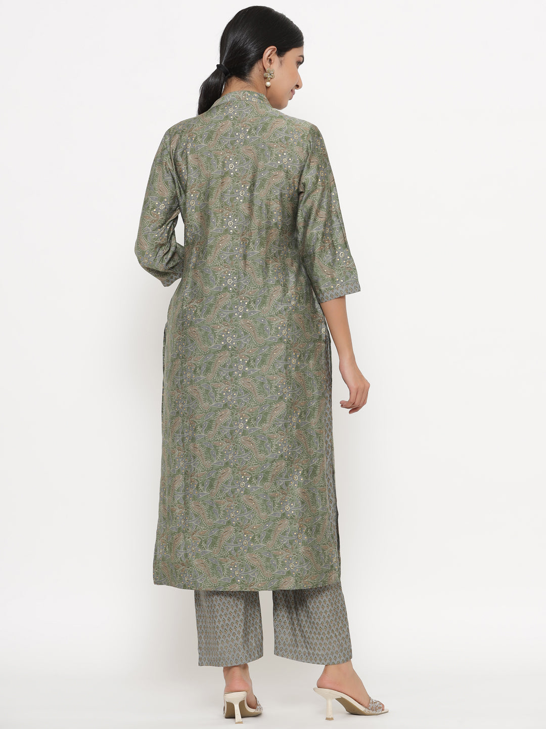 Chinese Collar Green Floral Muslin Kurta Set