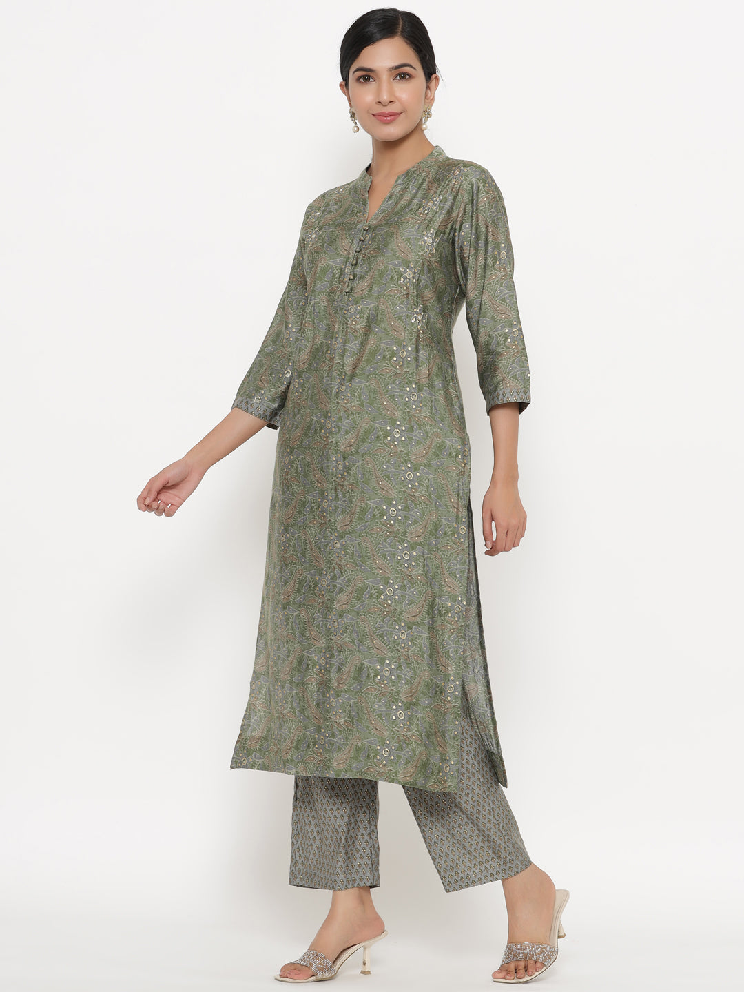 Chinese Collar Green Floral Muslin Kurta Set