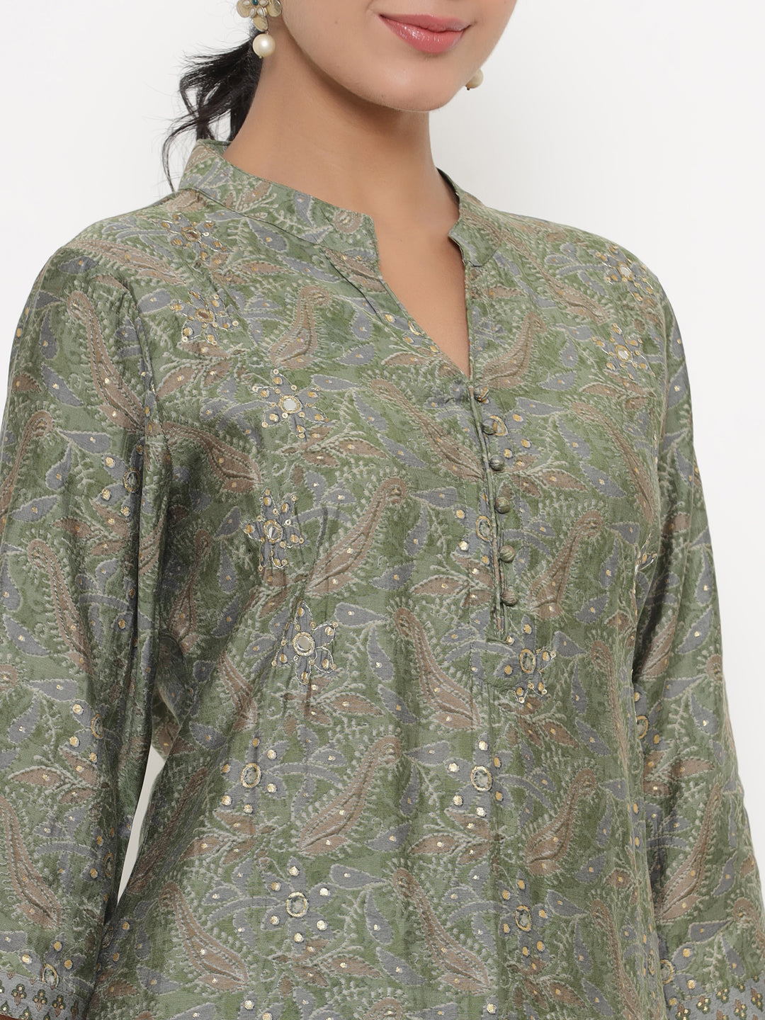 Chinese Collar Green Floral Muslin Kurta Set