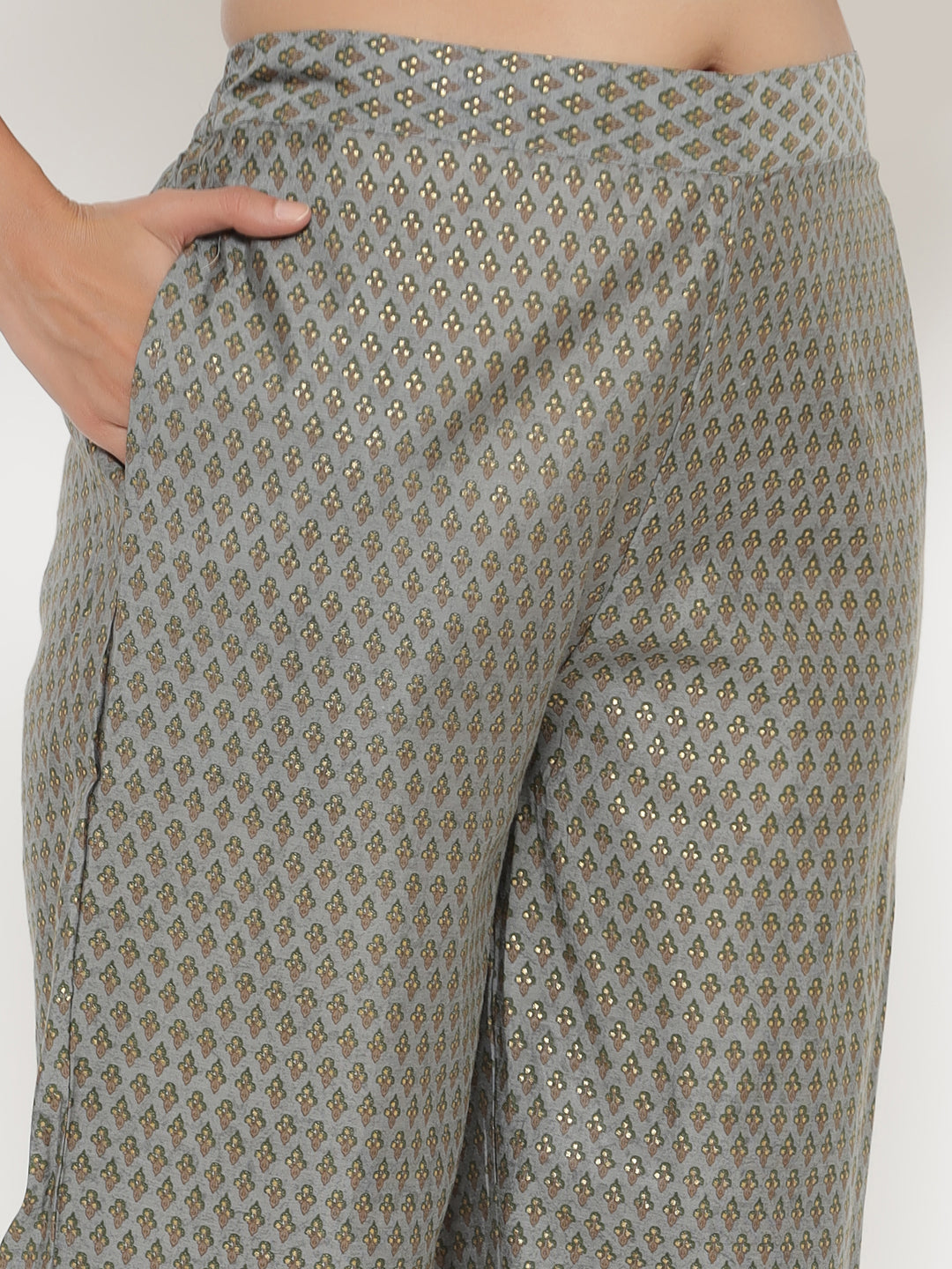 Chinese Collar Green Floral Muslin Kurta Set