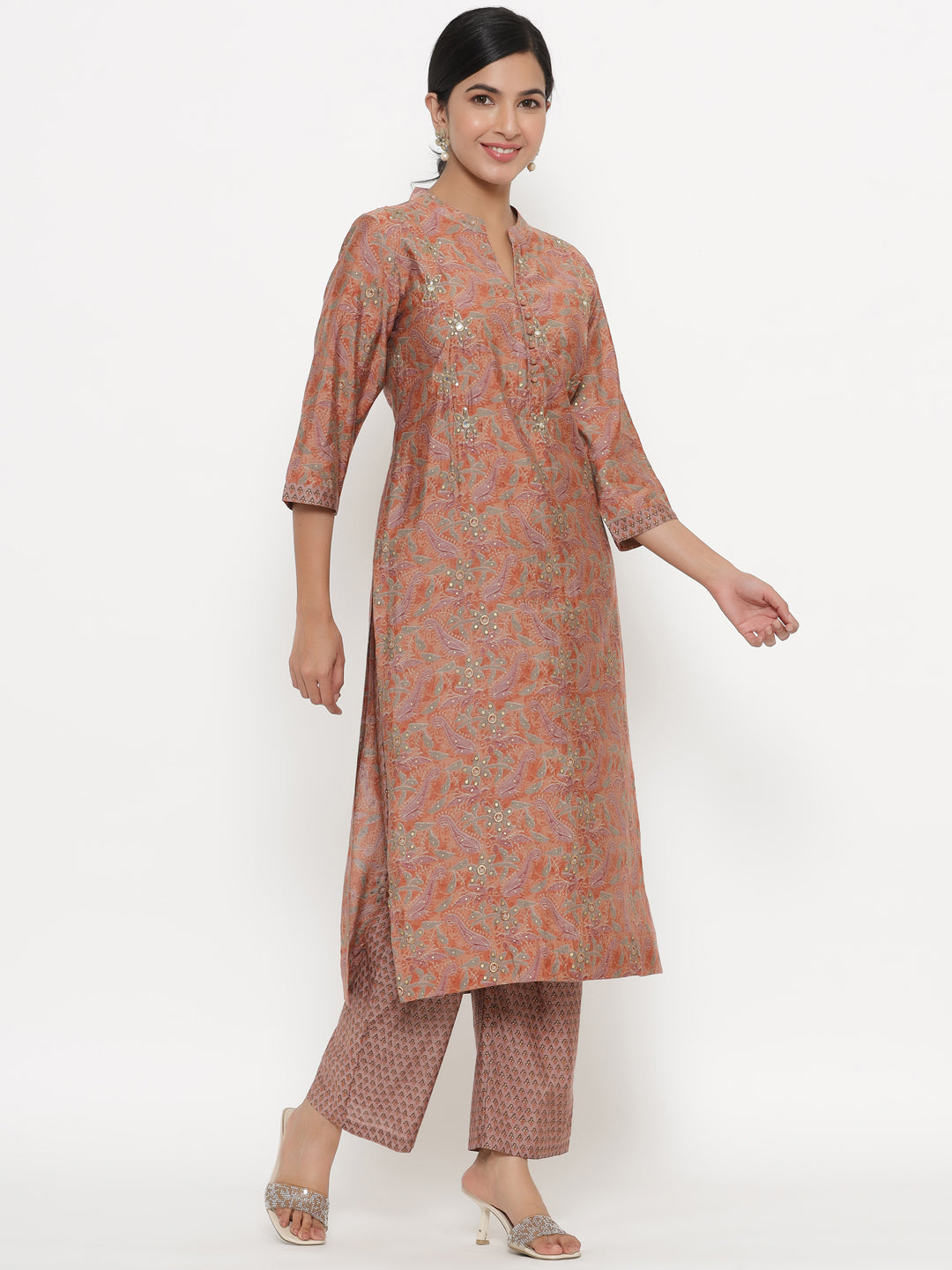 Chinese Collar Pink Floral Muslin Kurta Set