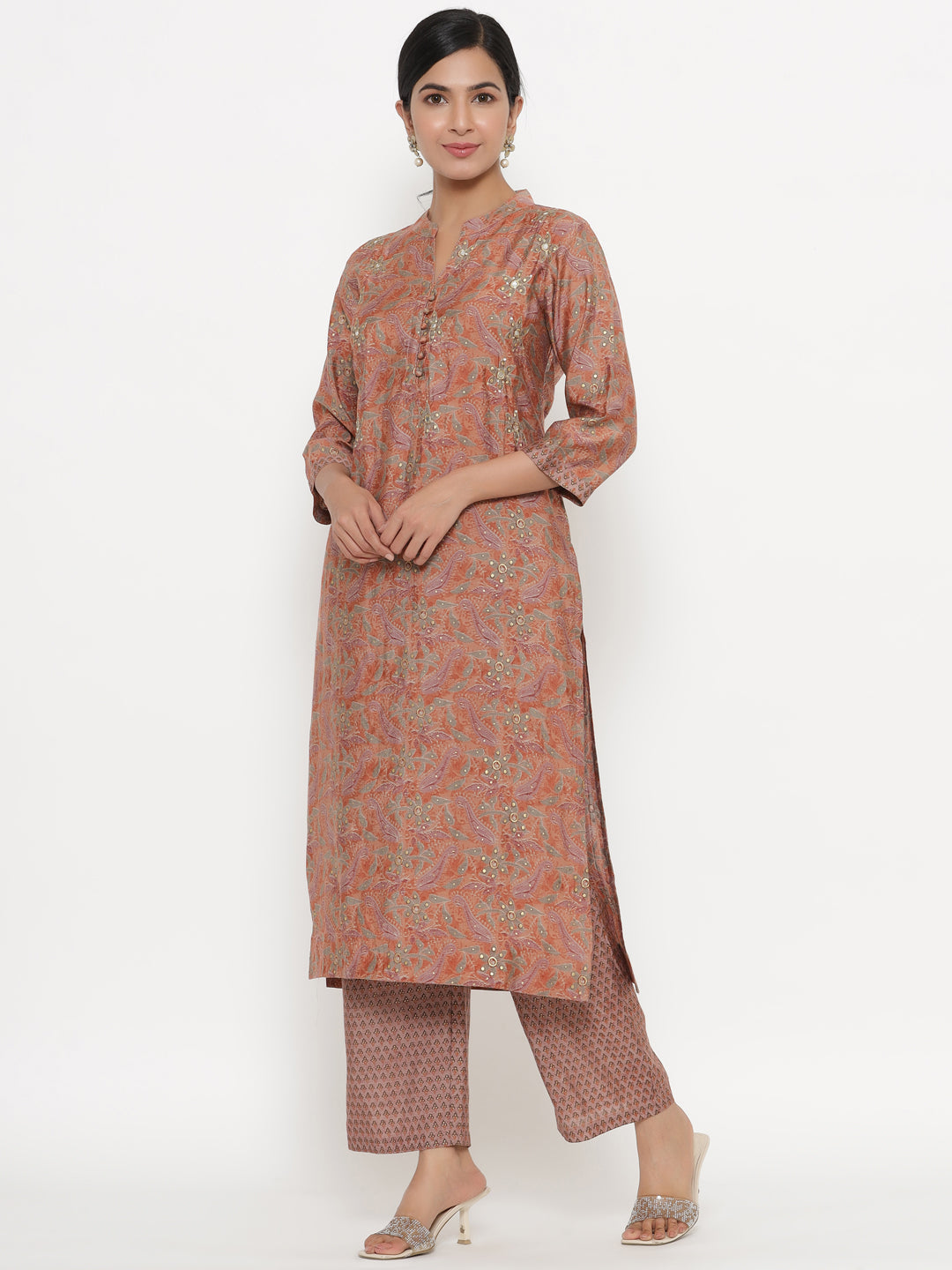 Chinese Collar Pink Floral Muslin Kurta Set