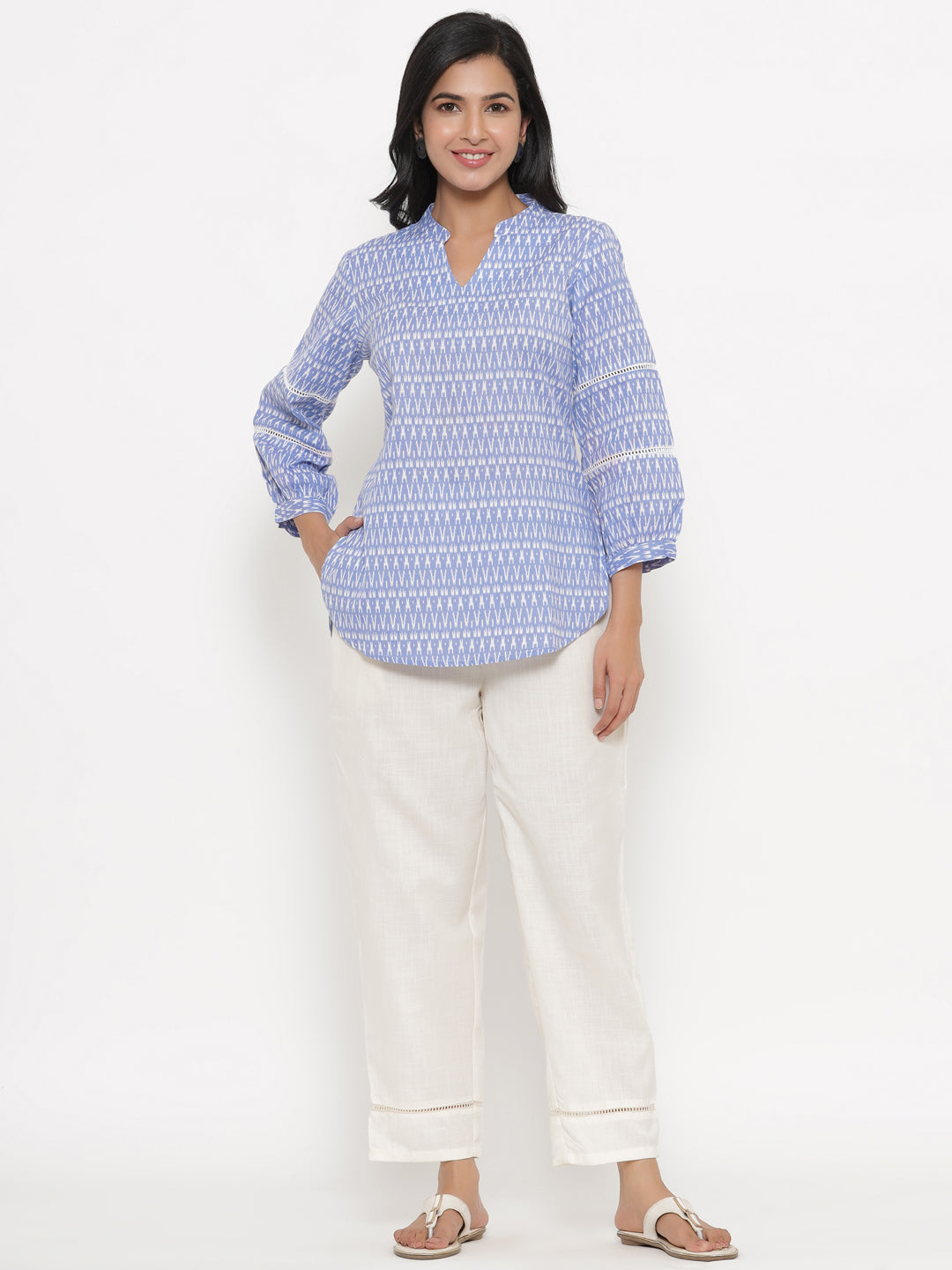 Blue Ikkat V-Neck Top