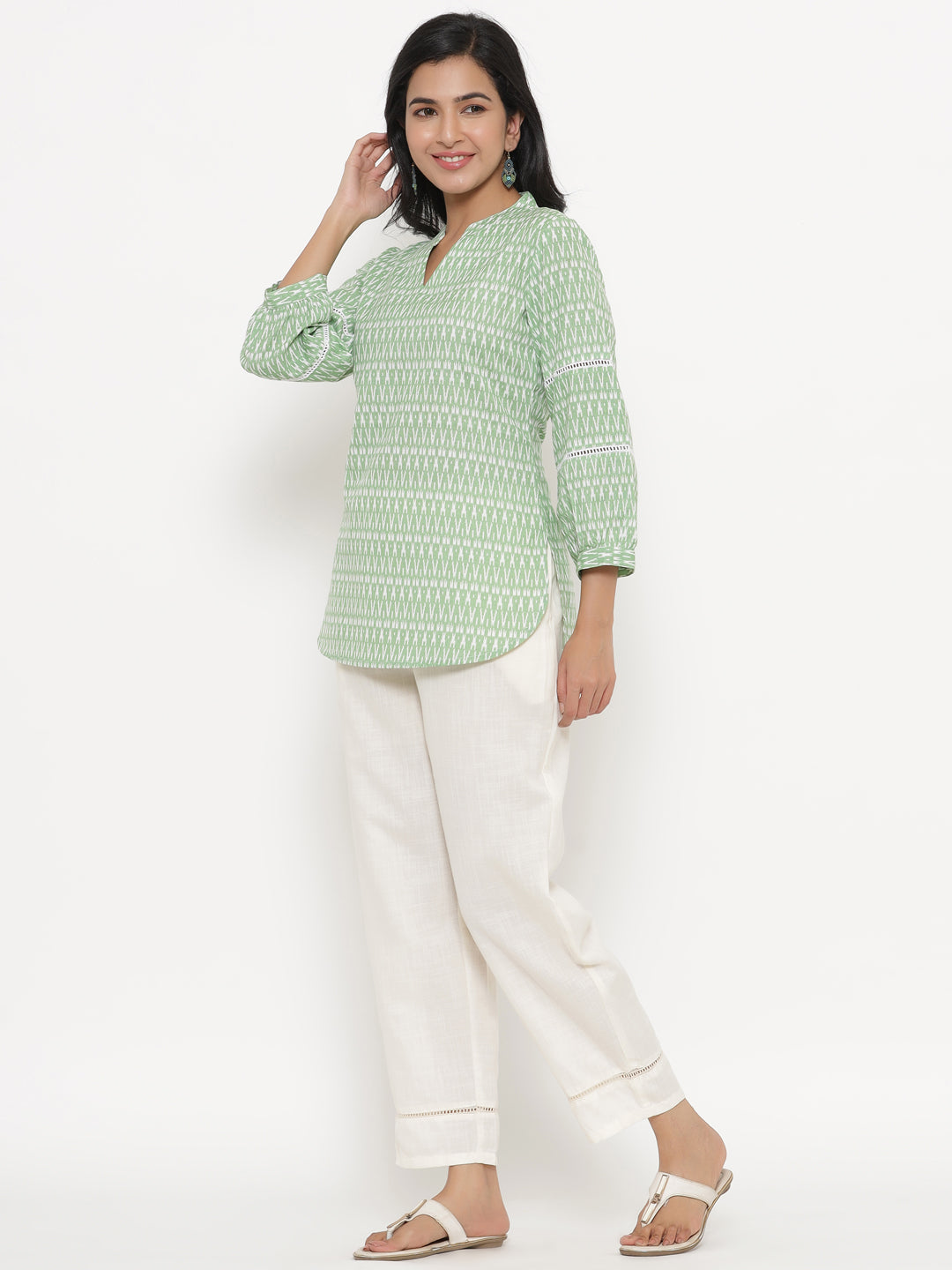 Green Ikkat V-Neck Top