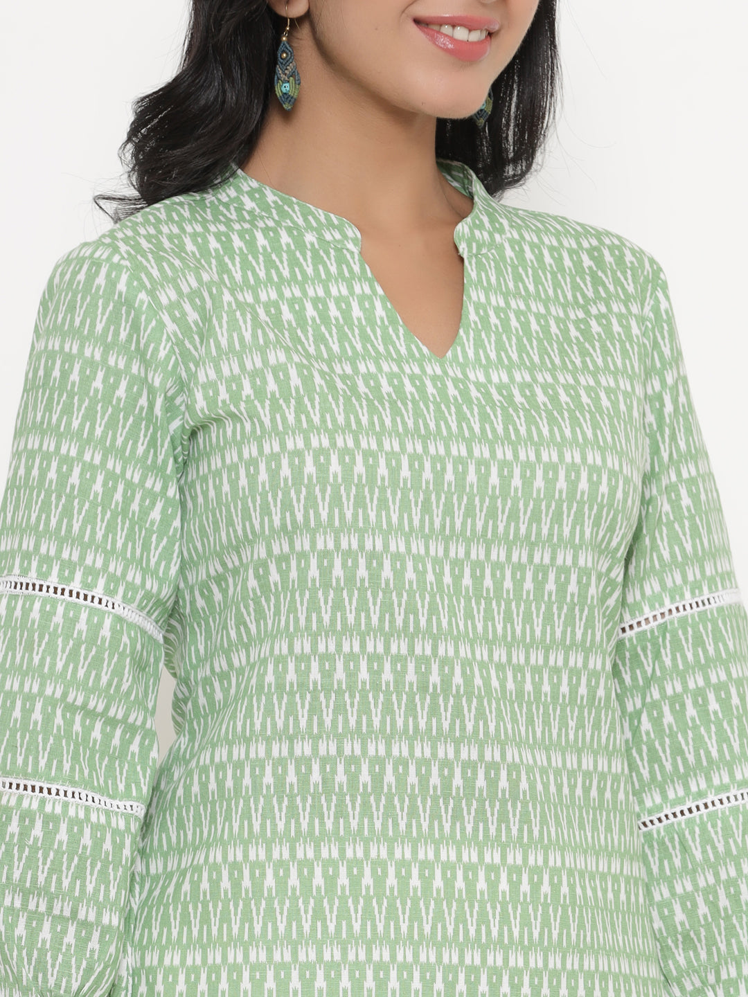 Green Ikkat V-Neck Top