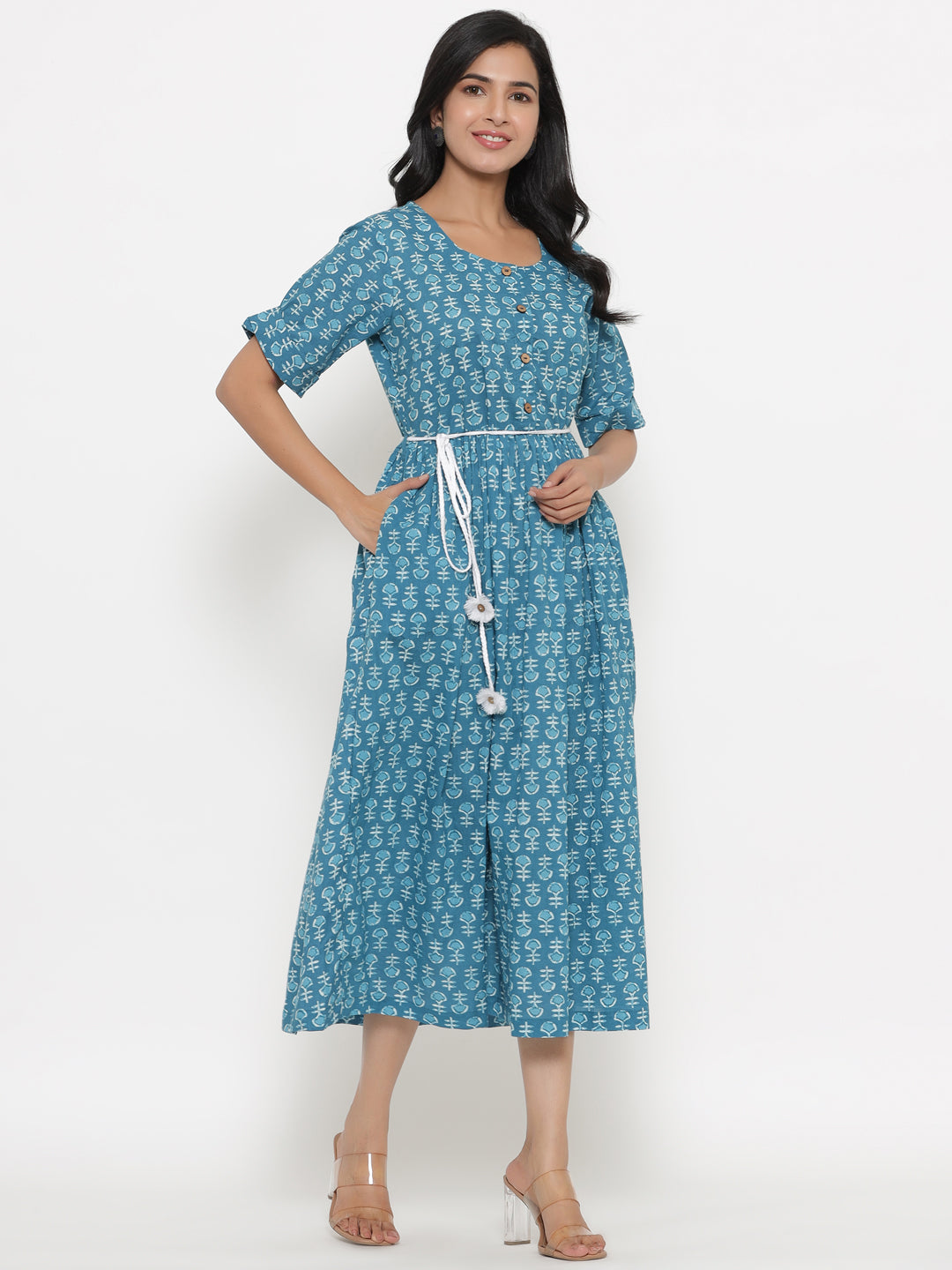 Cotton Block Printed Blue Dress