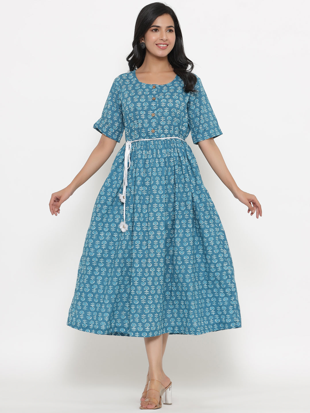 Cotton Block Printed Blue Dress