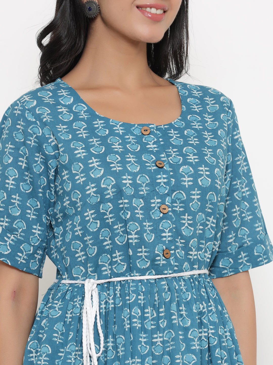 Cotton Block Printed Blue Dress