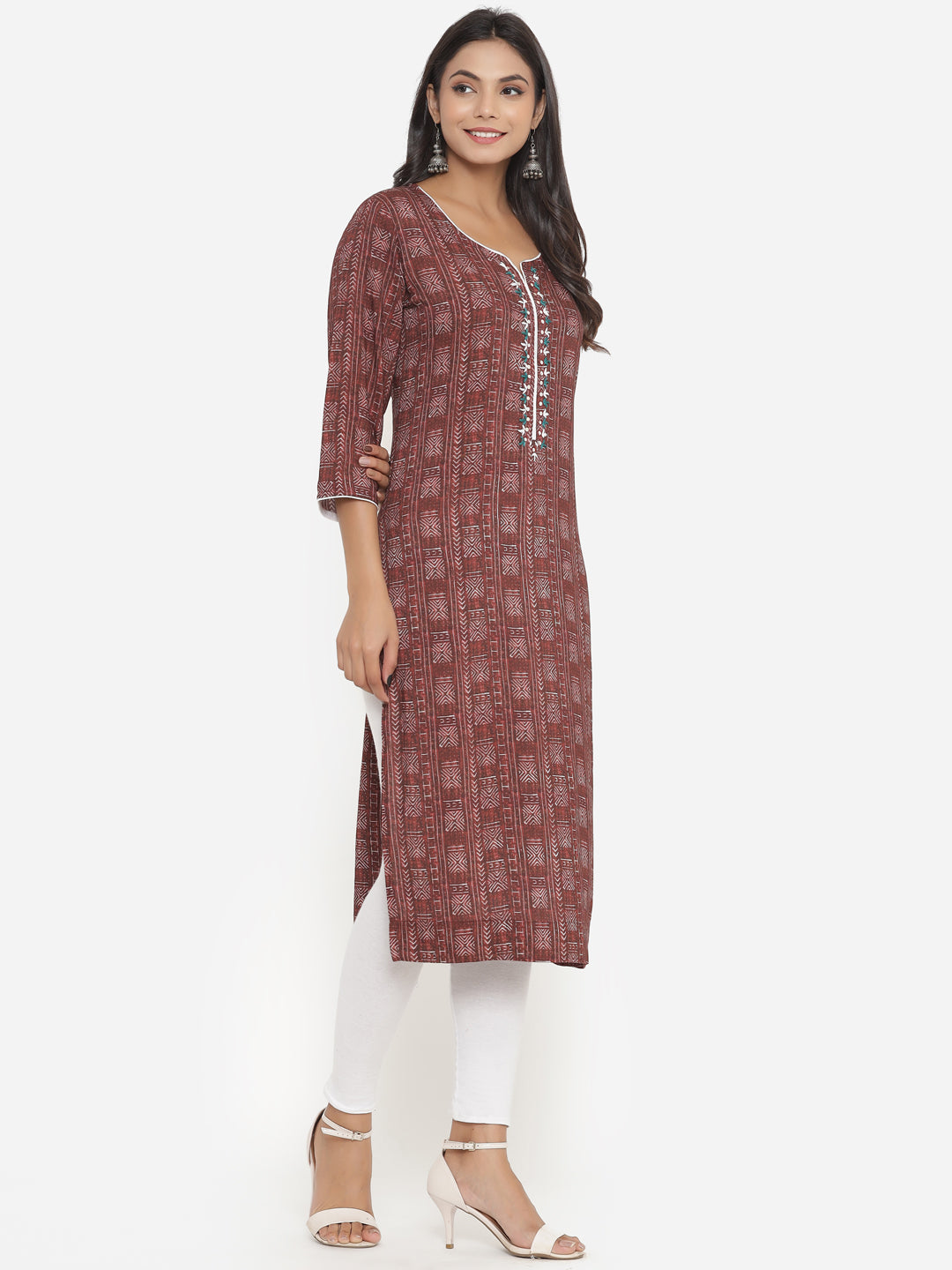 Maroon Straight Embroidered Kurta