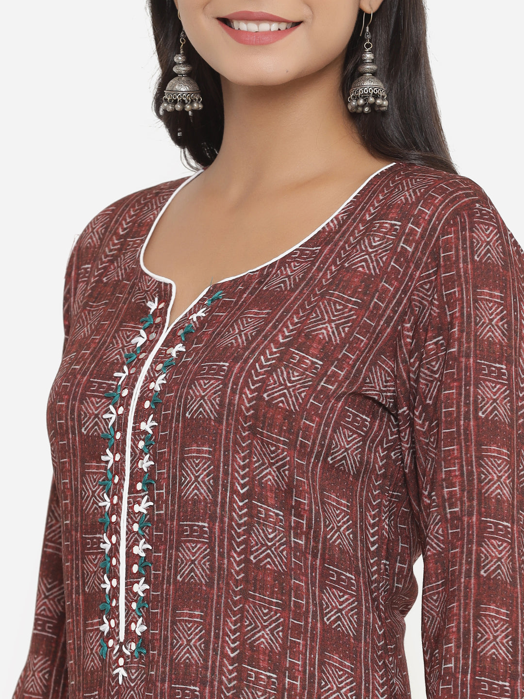 Maroon Straight Embroidered Kurta