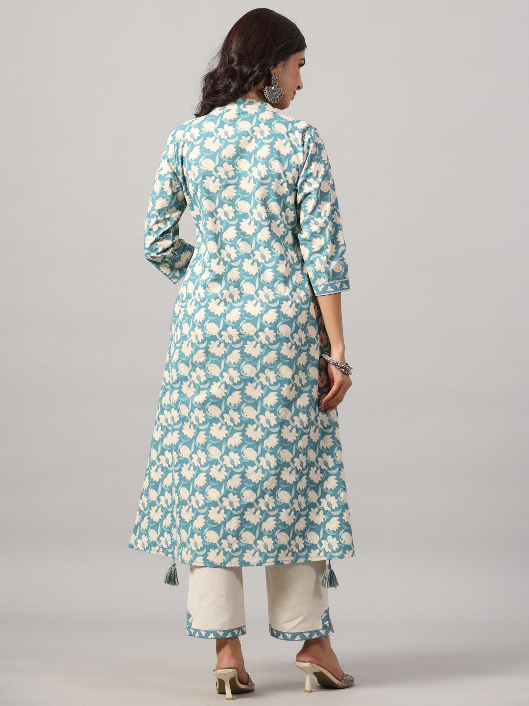 Blue A-Line Floral Kurta Set with Tassels