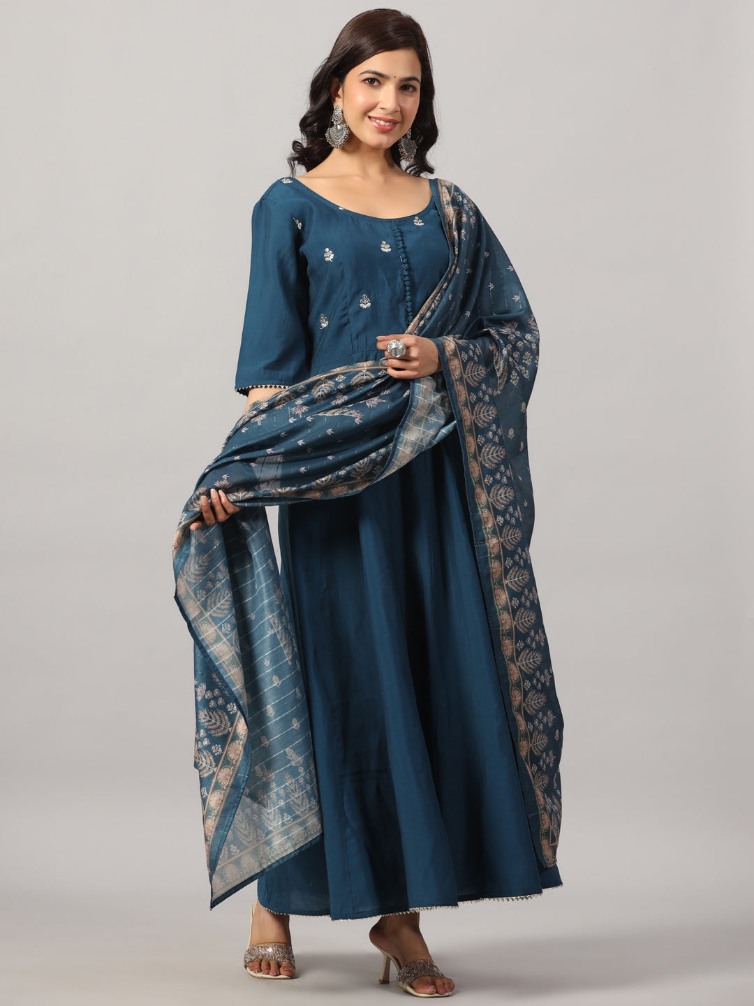 Women's Navy Blue Floral Printed Thread Work Sequinned Anarkali Kurta