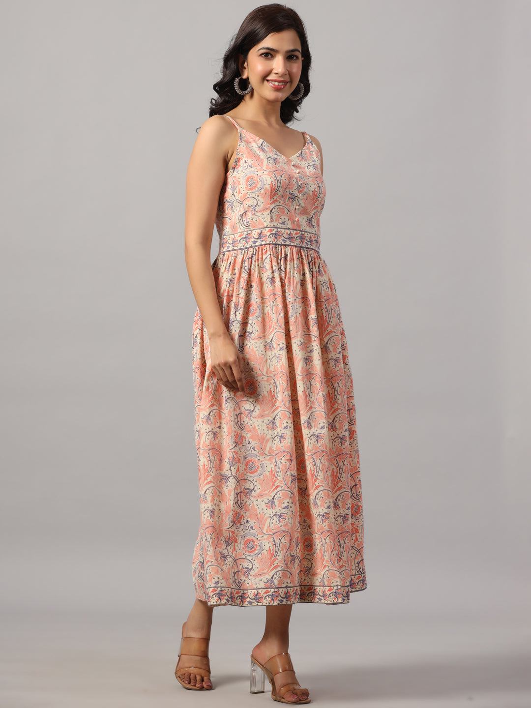 Pink Cotton V-Neck Floral Dress