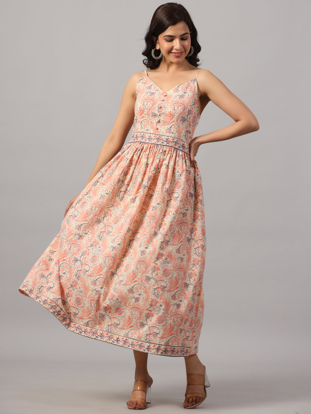 Pink Cotton V-Neck Floral Dress