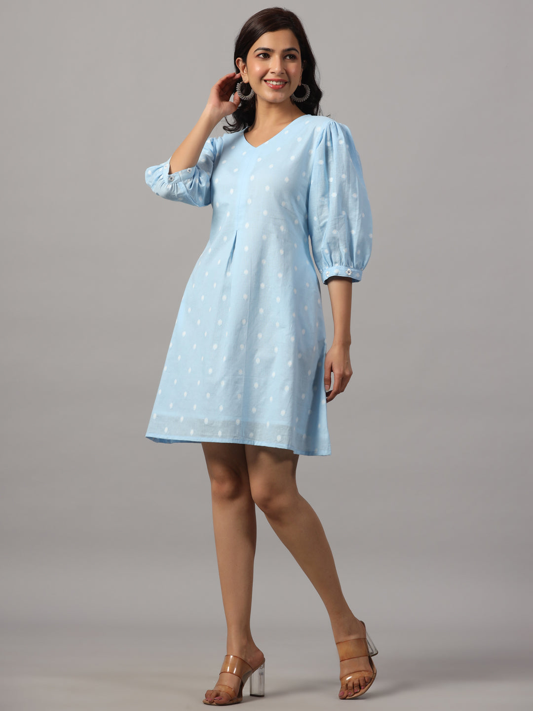 Cotton V Neck Blue Mini Dress