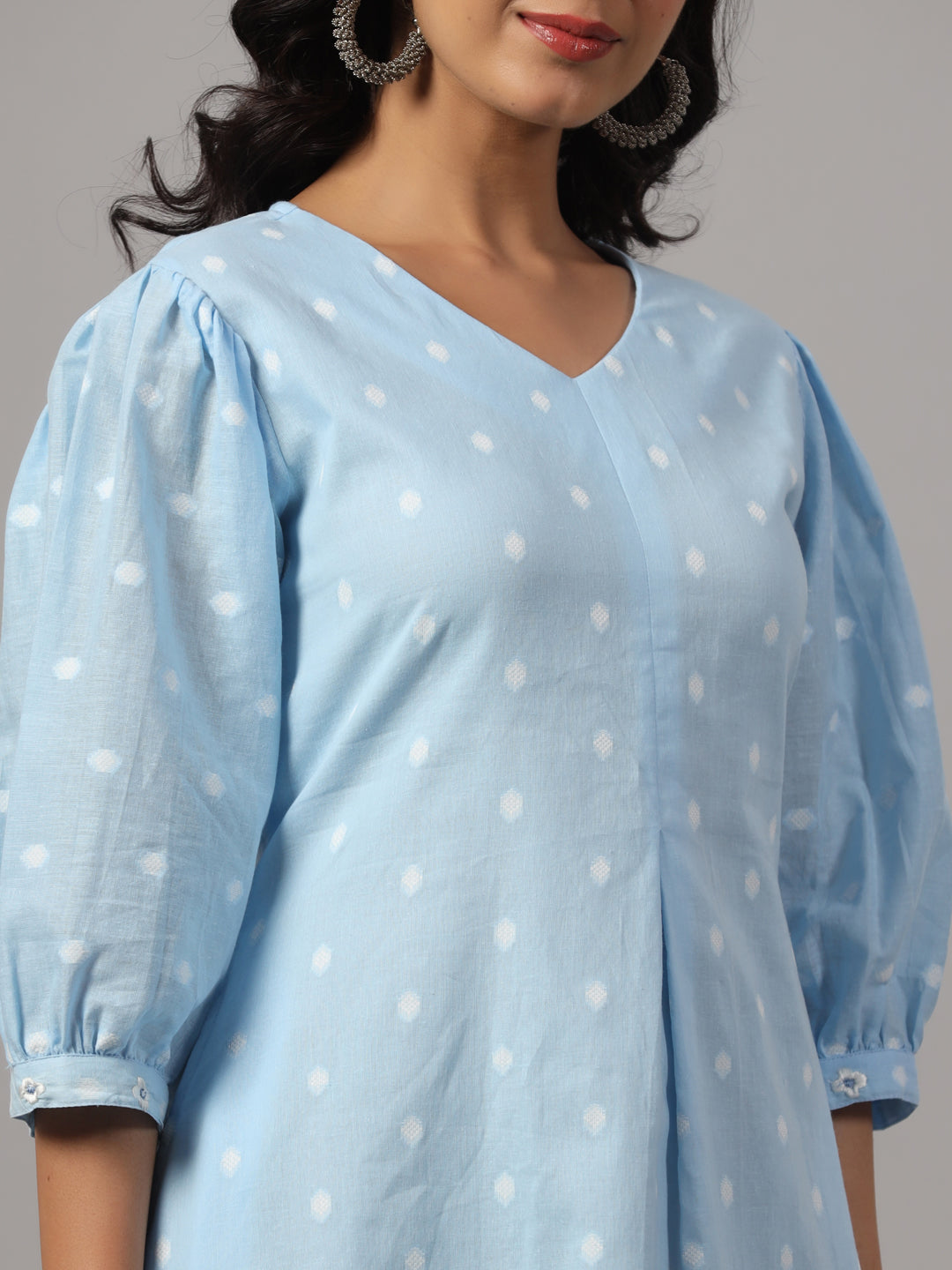 Cotton V Neck Blue Mini Dress