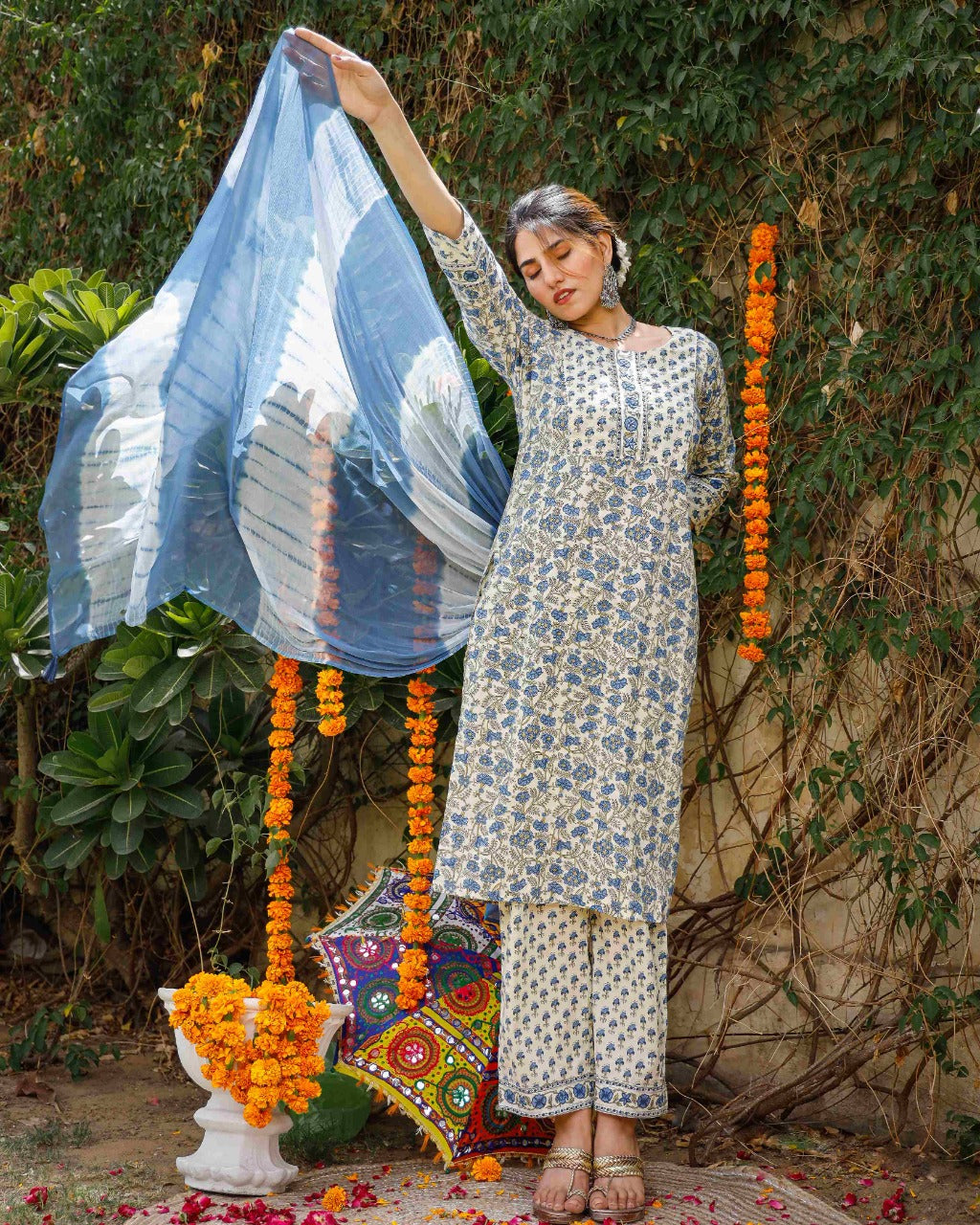 Floral Printed Kurta Set with Tie and Dye Dupatta