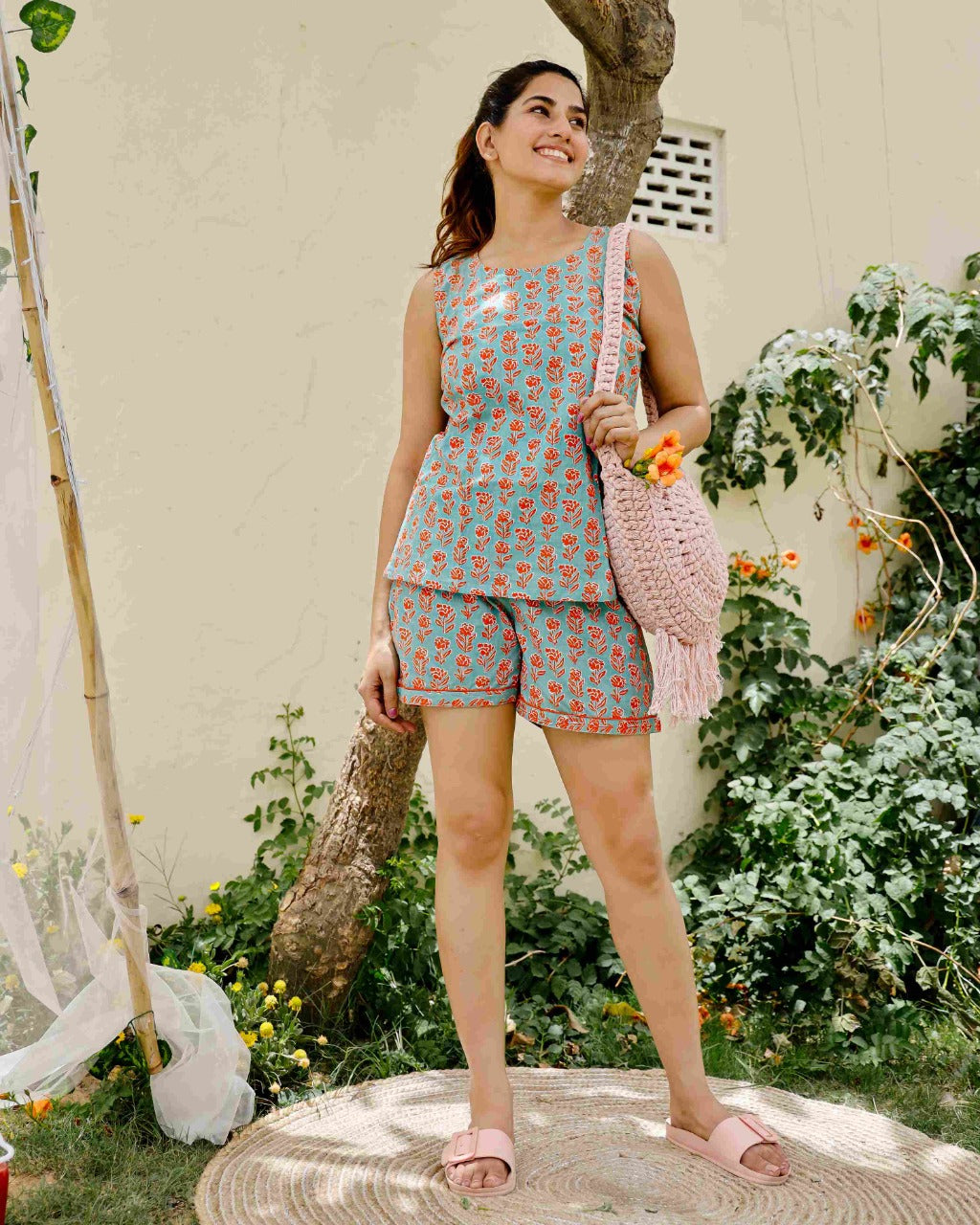 Green Cotton Night Suit With Shorts