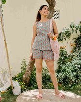 Green Cotton Night Suit With Shorts