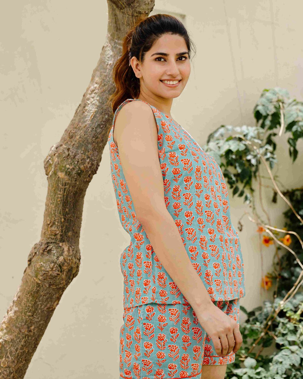 Green Cotton Night Suit With Shorts