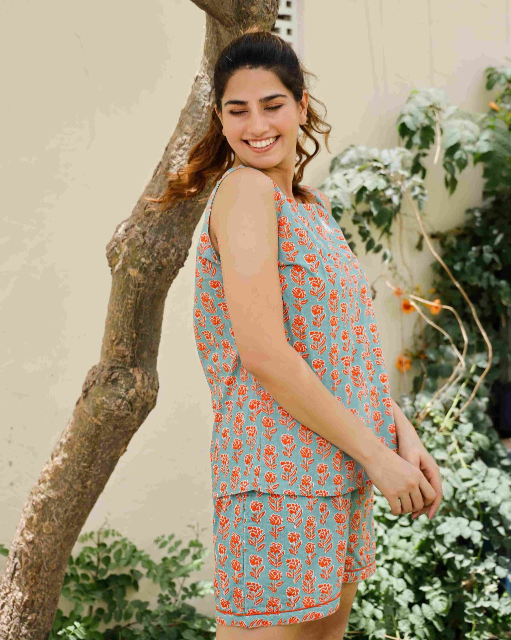 Green Cotton Night Suit With Shorts