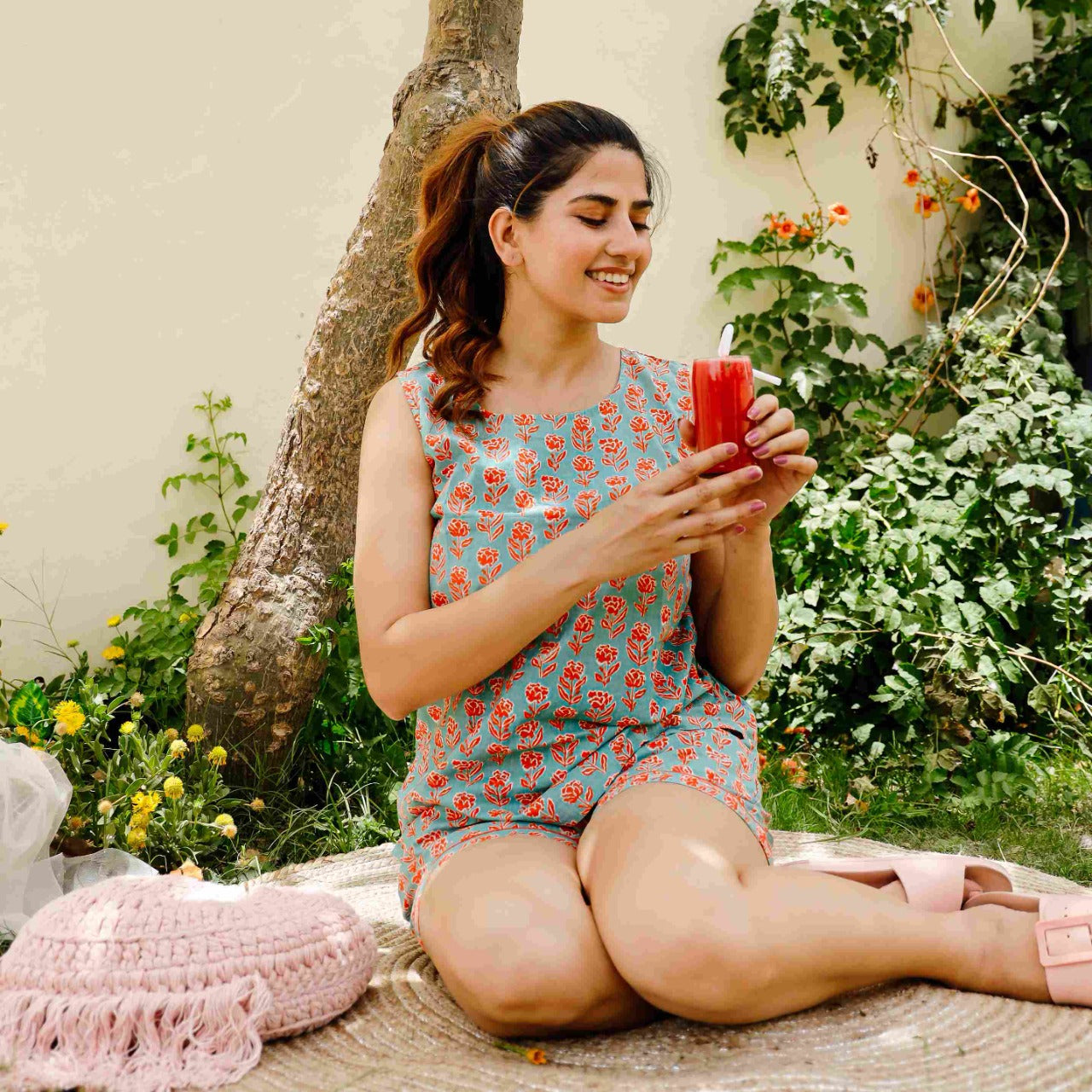 Green Cotton Night Suit With Shorts