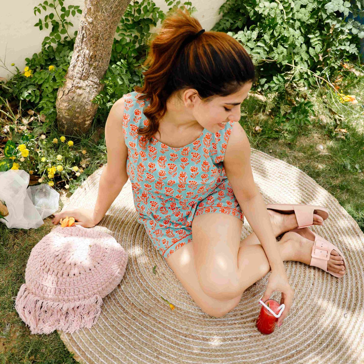 Green Cotton Night Suit With Shorts