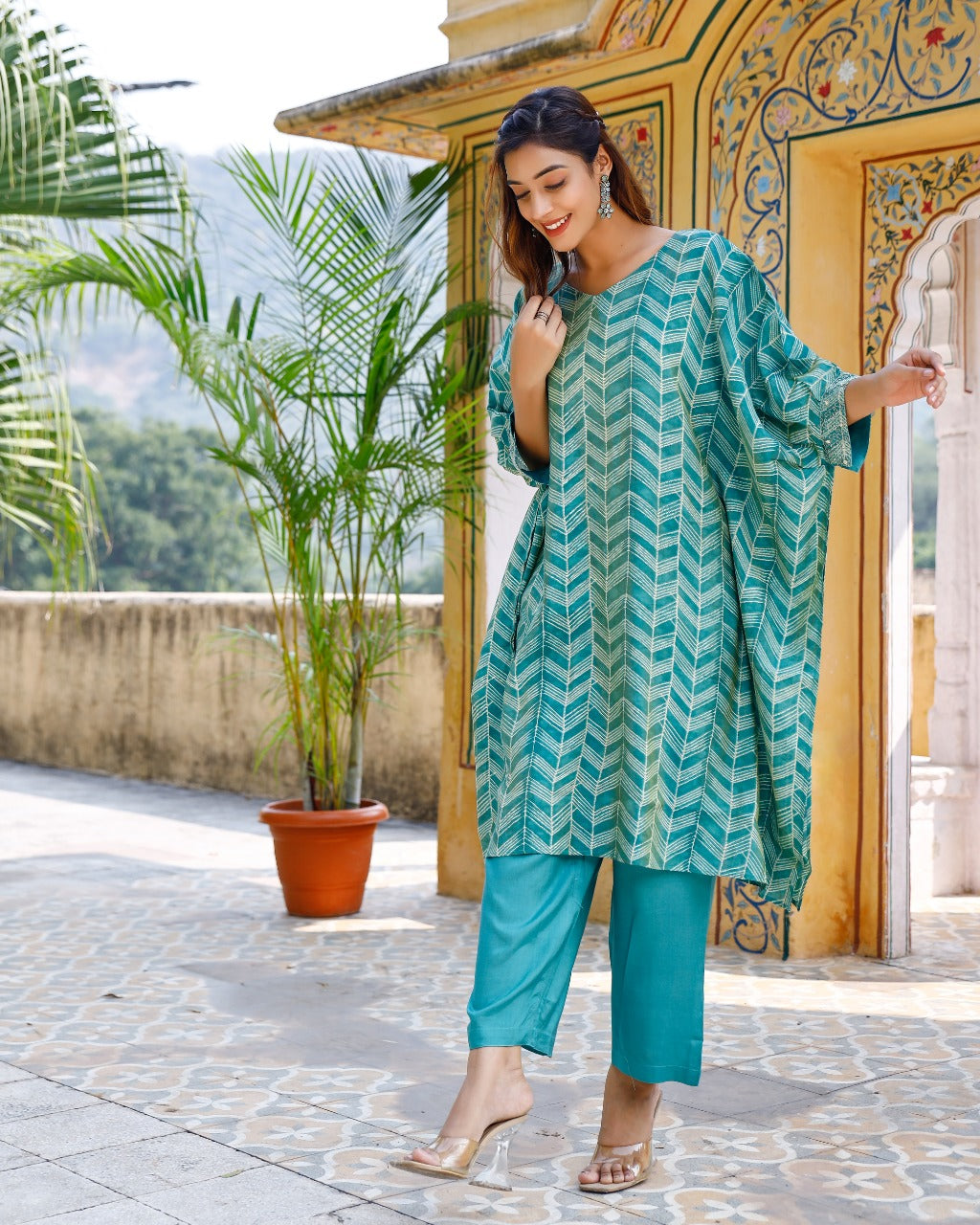 Green Silk Blend Printed Kaftaan Kurta Set