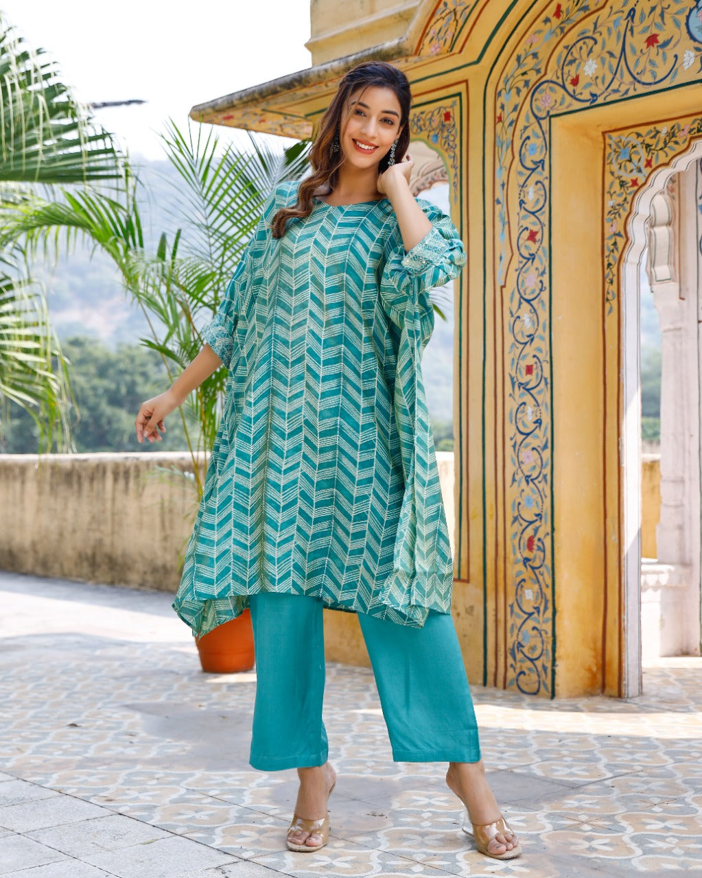 Green Silk Blend Printed Kaftaan Kurta Set