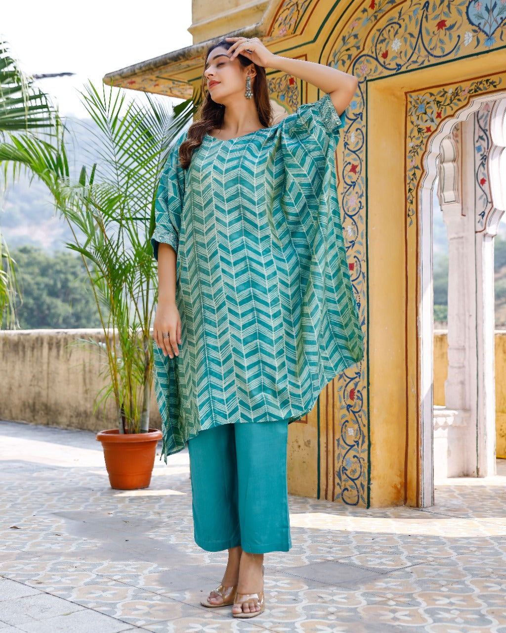 Green Silk Blend Printed Kaftaan Kurta Set