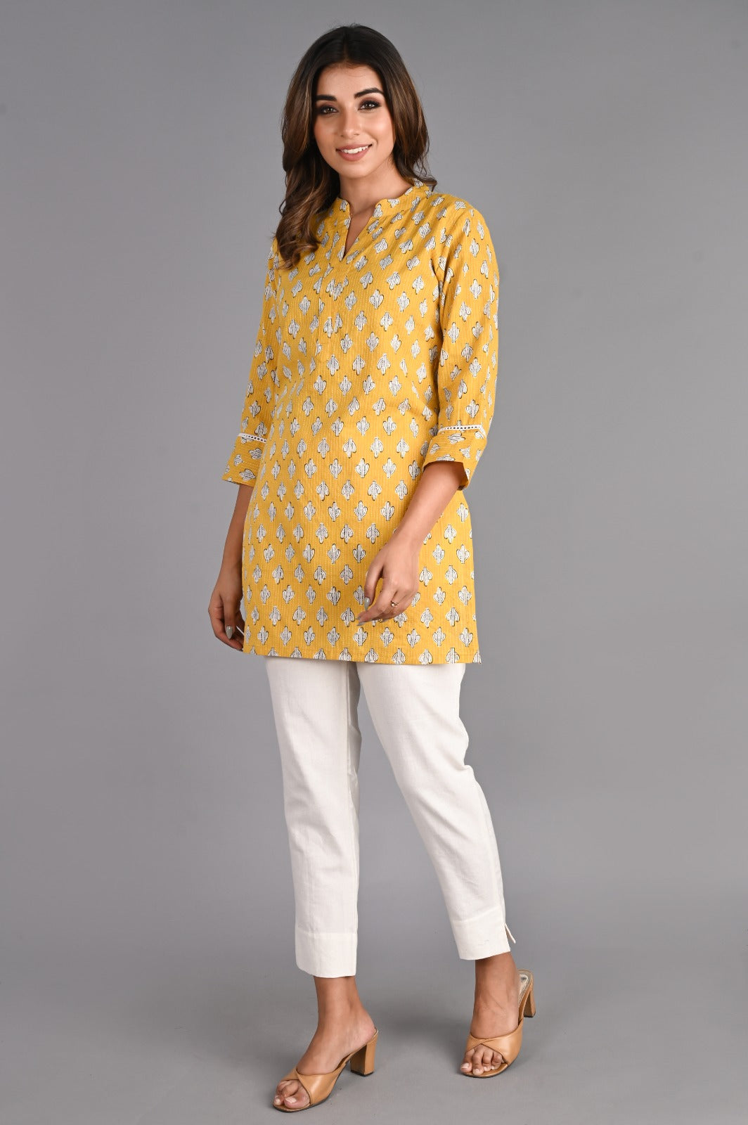 Printed Yellow Cotton Short Kurti