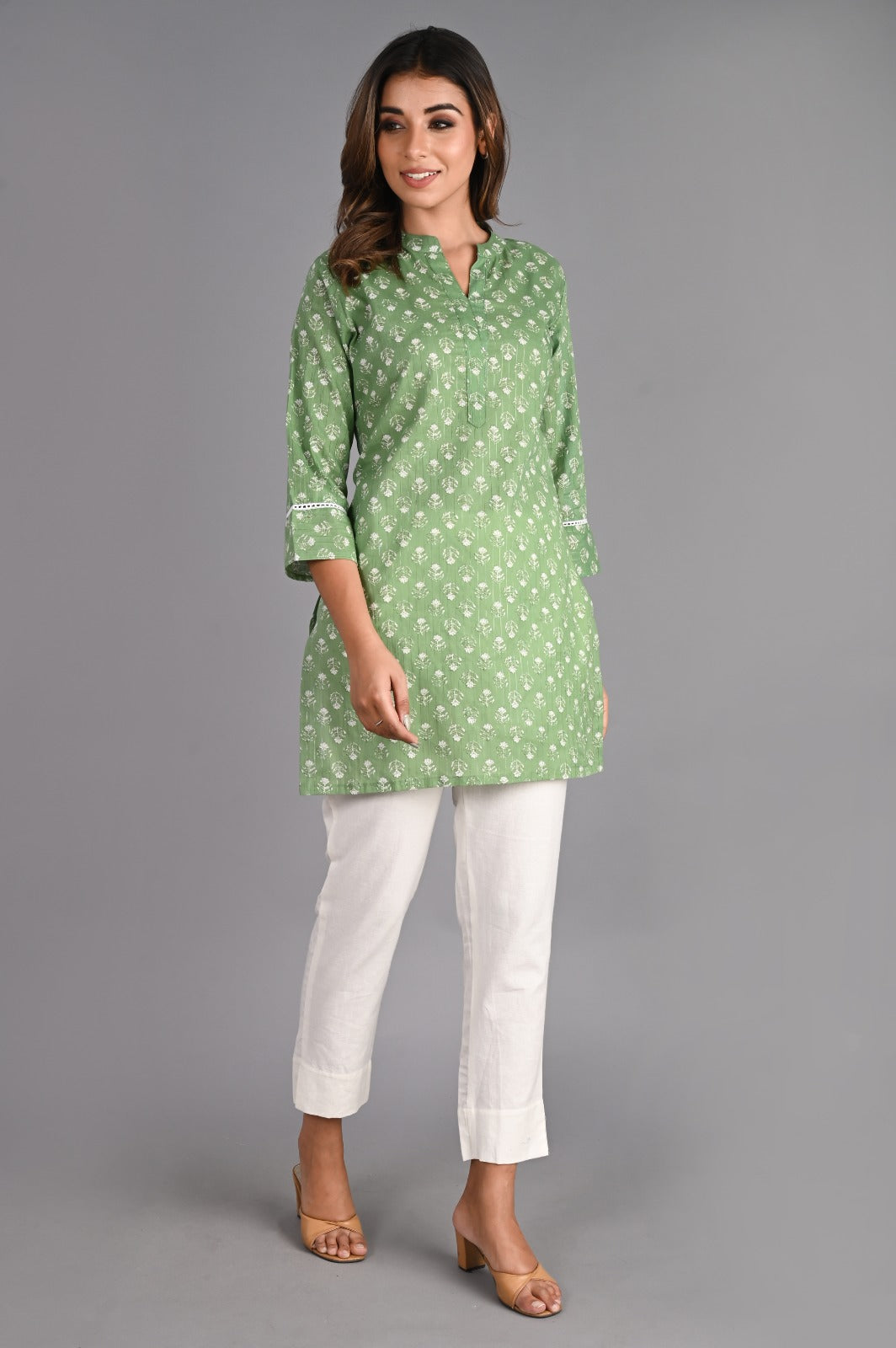 Printed Green Cotton Short Kurti
